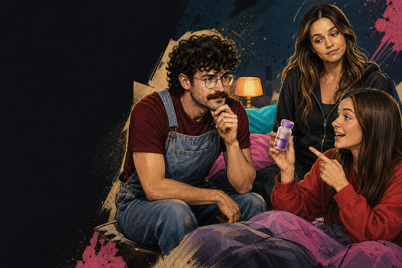 Editorial illustration for Barrett and Mallory trade melatonin/sleeping-pill stories as have-not talk turns tense.