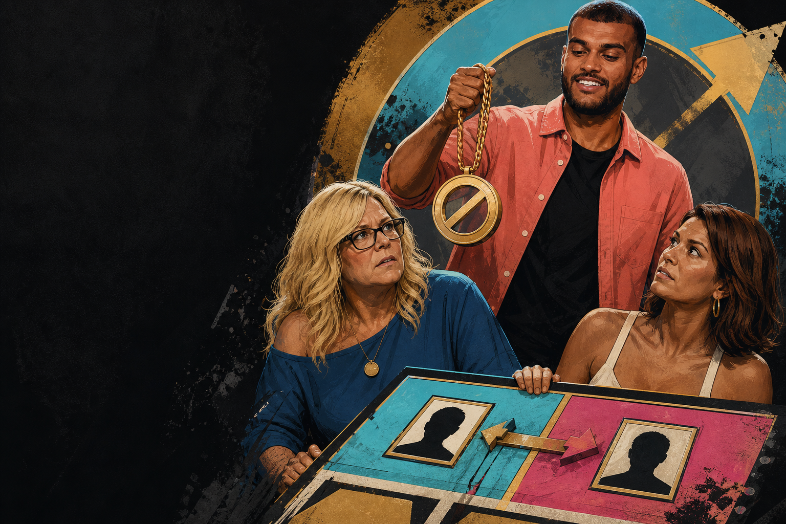 Editorial illustration for Yash Patel wins the OTEV veto and takes over the Week 6 board, putting Angela and Haley un.
