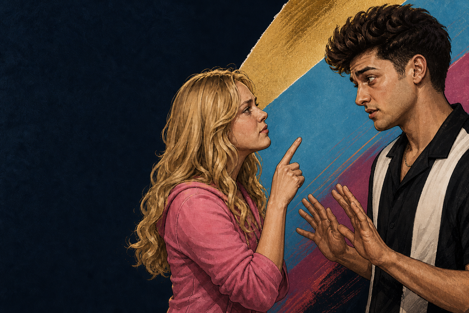 Editorial illustration for Melody challenges Drew over his Mallory vote while insisting she’s staying in the game.