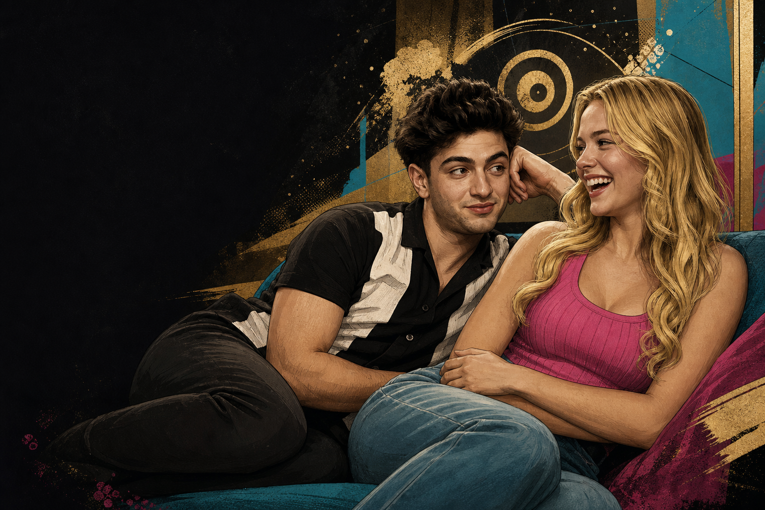 Editorial illustration for Drew and Melody escalate their couch flirting into a ‘you are my number one’ moment.