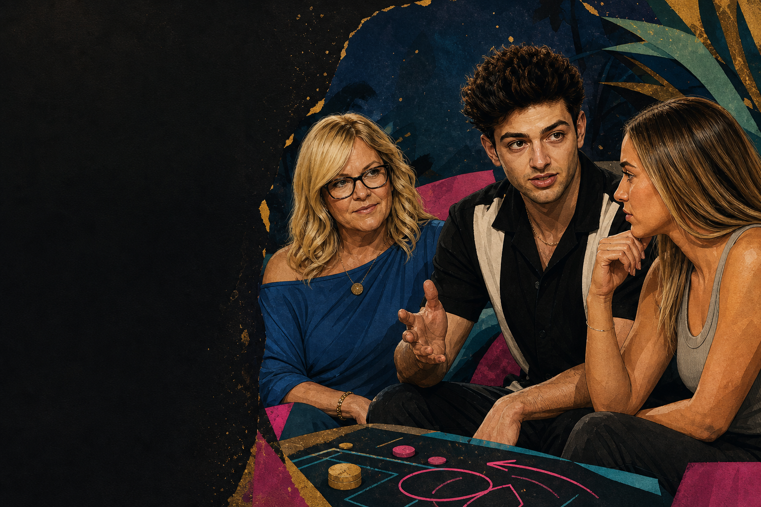 Editorial illustration for Drew tells Angela and Dee he wants to take her to the end—and says he’s starting to win co.