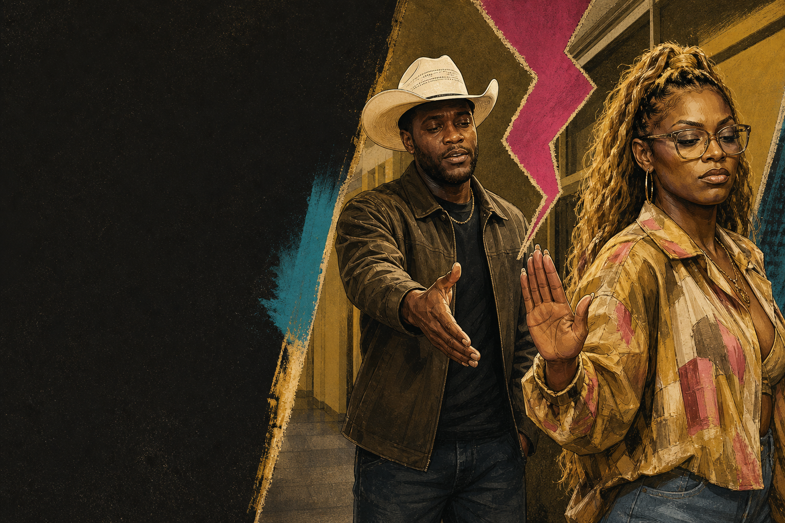 Editorial illustration for Chuk tries to shake LaTrice’s hand before the Blockbuster and gets rejected—then returns t.