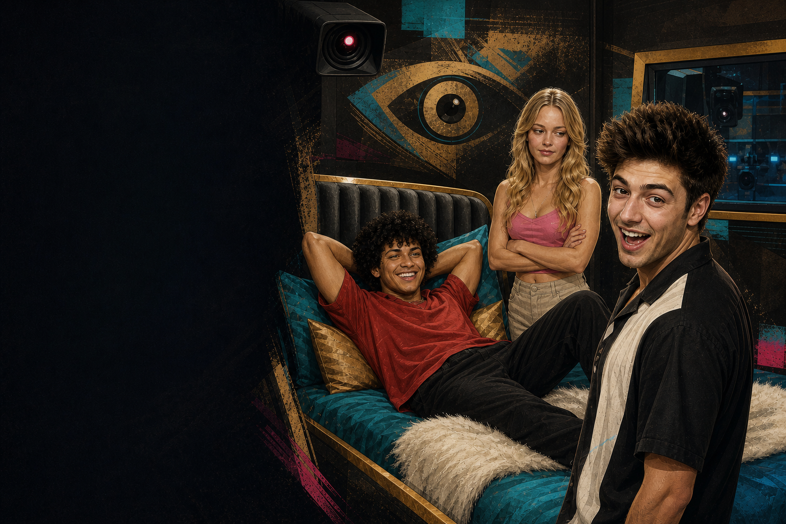 Editorial illustration for Jason De Puy lands in the HOH bed as Drew Campbell jokes with the cameras.