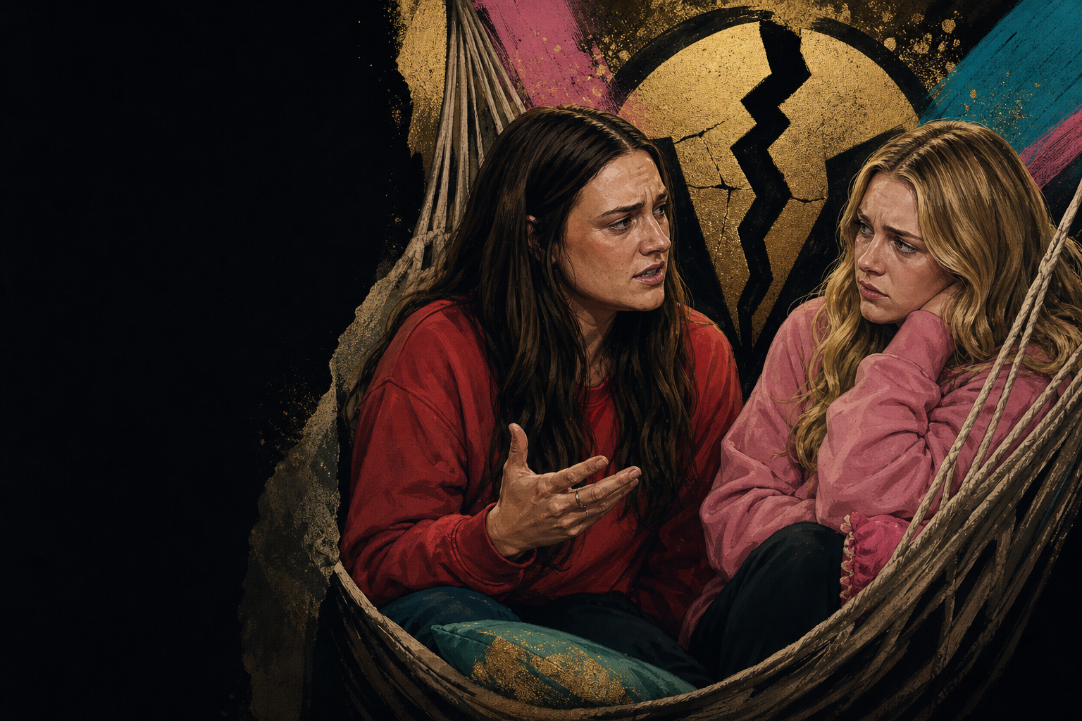 Editorial illustration for Mallory and Melody compare trust as pressure “bosses” them around.