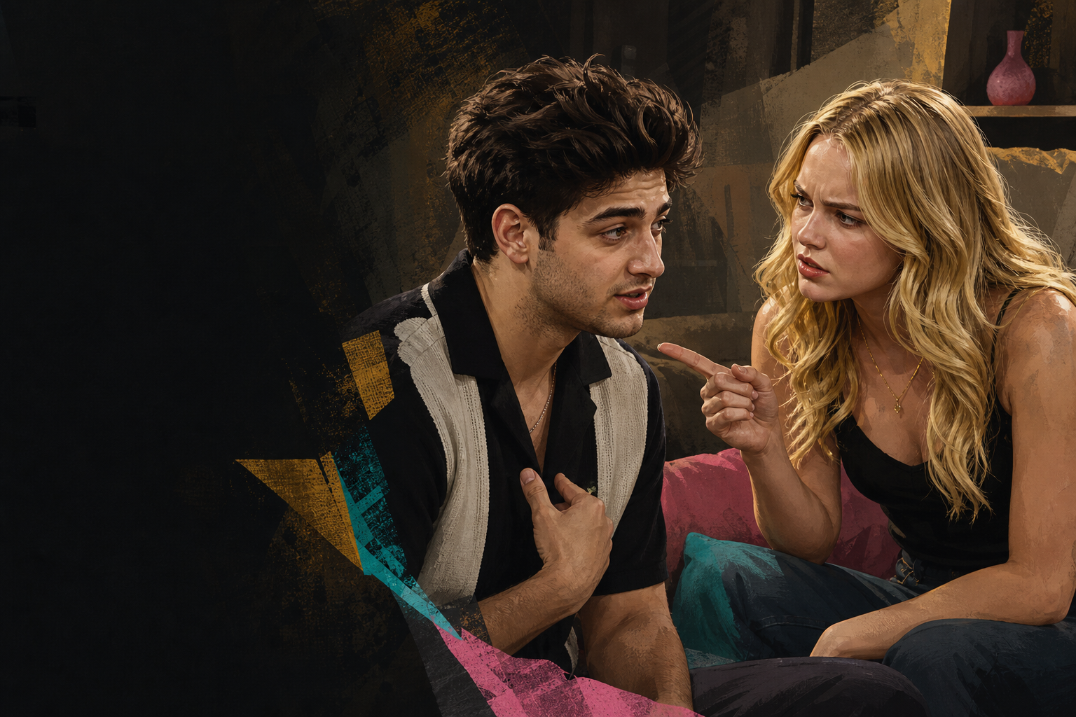 Editorial illustration for Melody puts Drew on the spot about alliances—then dares him to be honest.