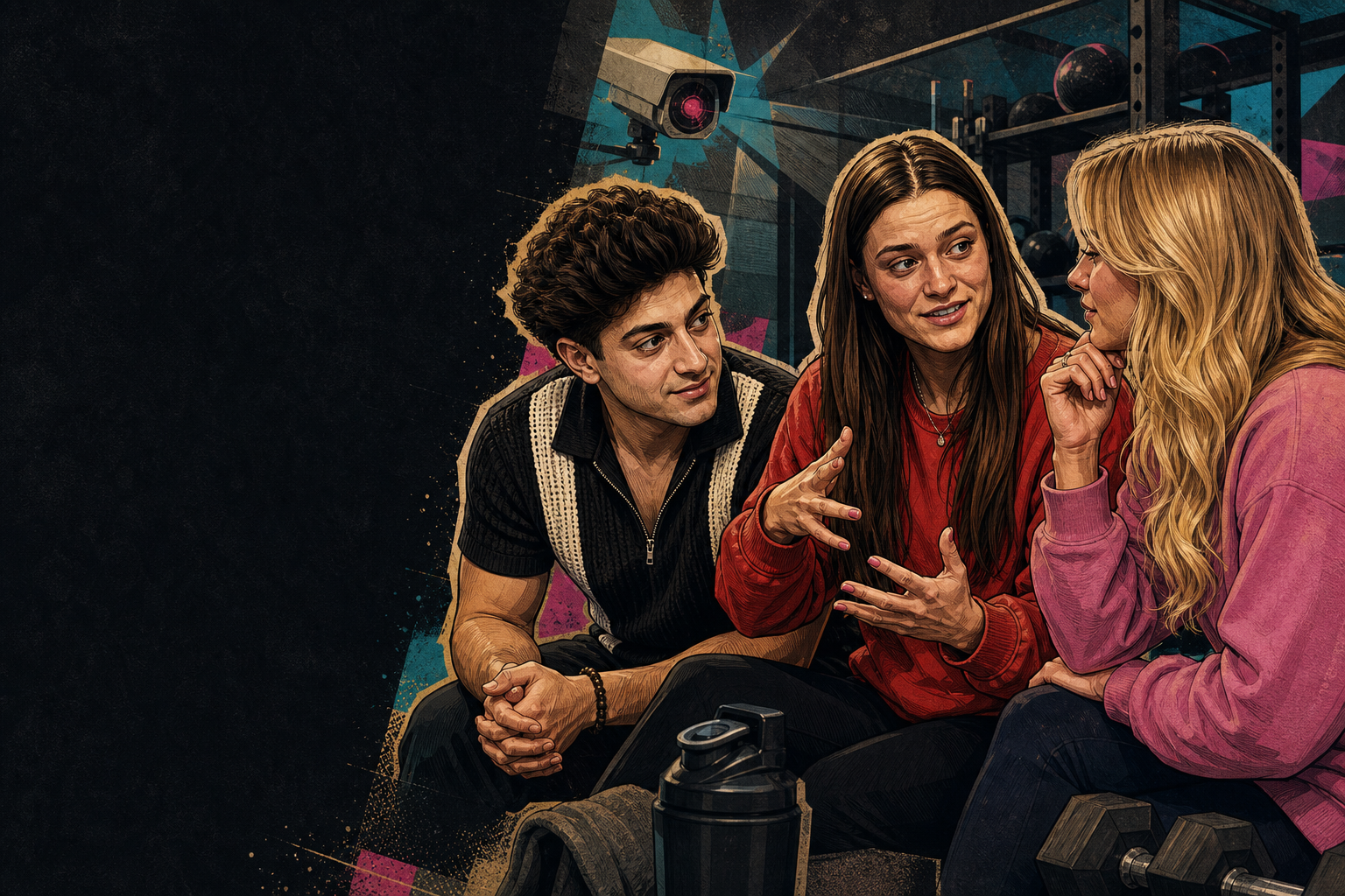Editorial illustration for Drew, Melody, and Mallory size up the next HOH path in a gym strategy chat.