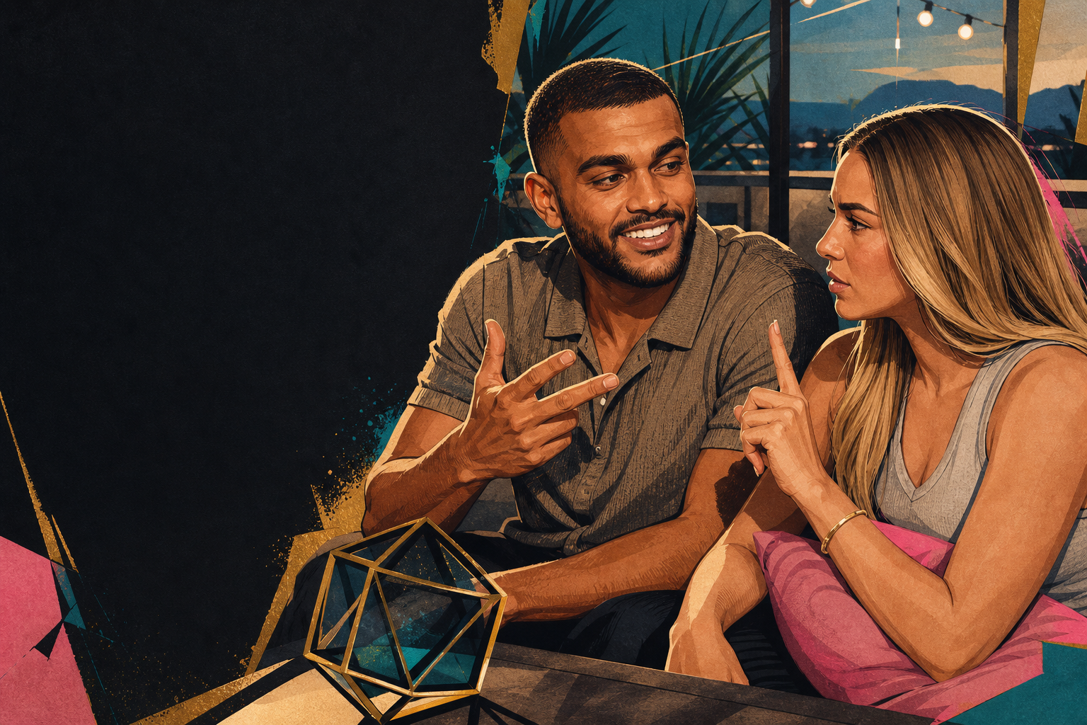 Editorial illustration for Yash and Dee celebrate their ‘4 of them’ plan—and agree no more blindside chaos.