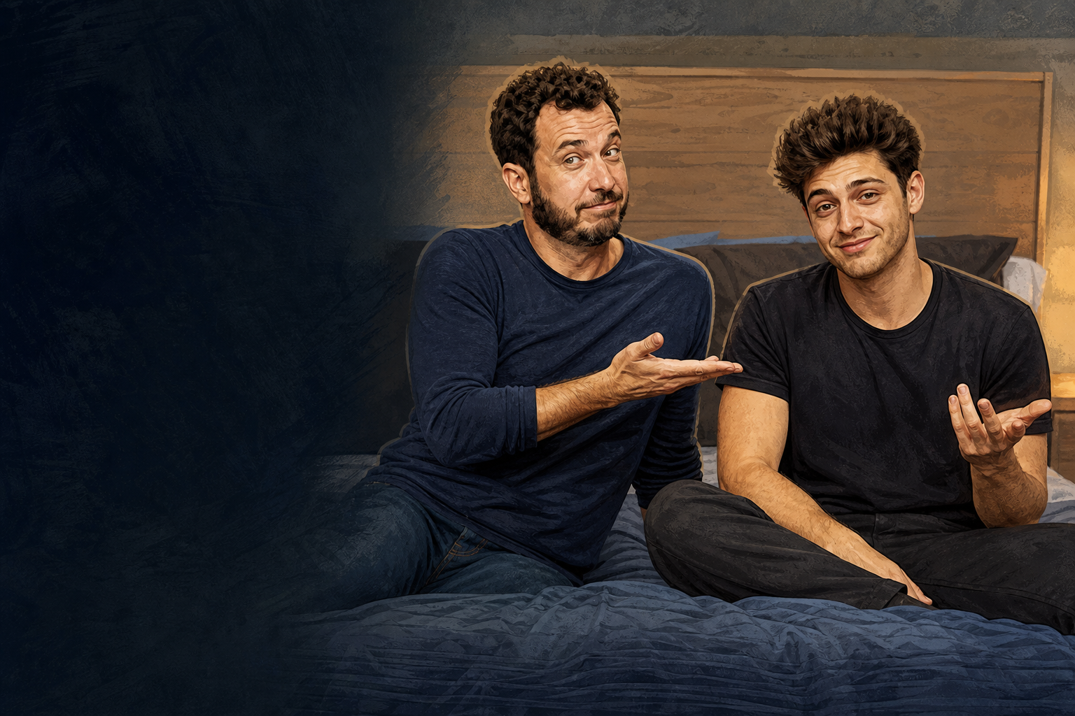 Editorial illustration for Rick and Drew play talk-show host and guest.