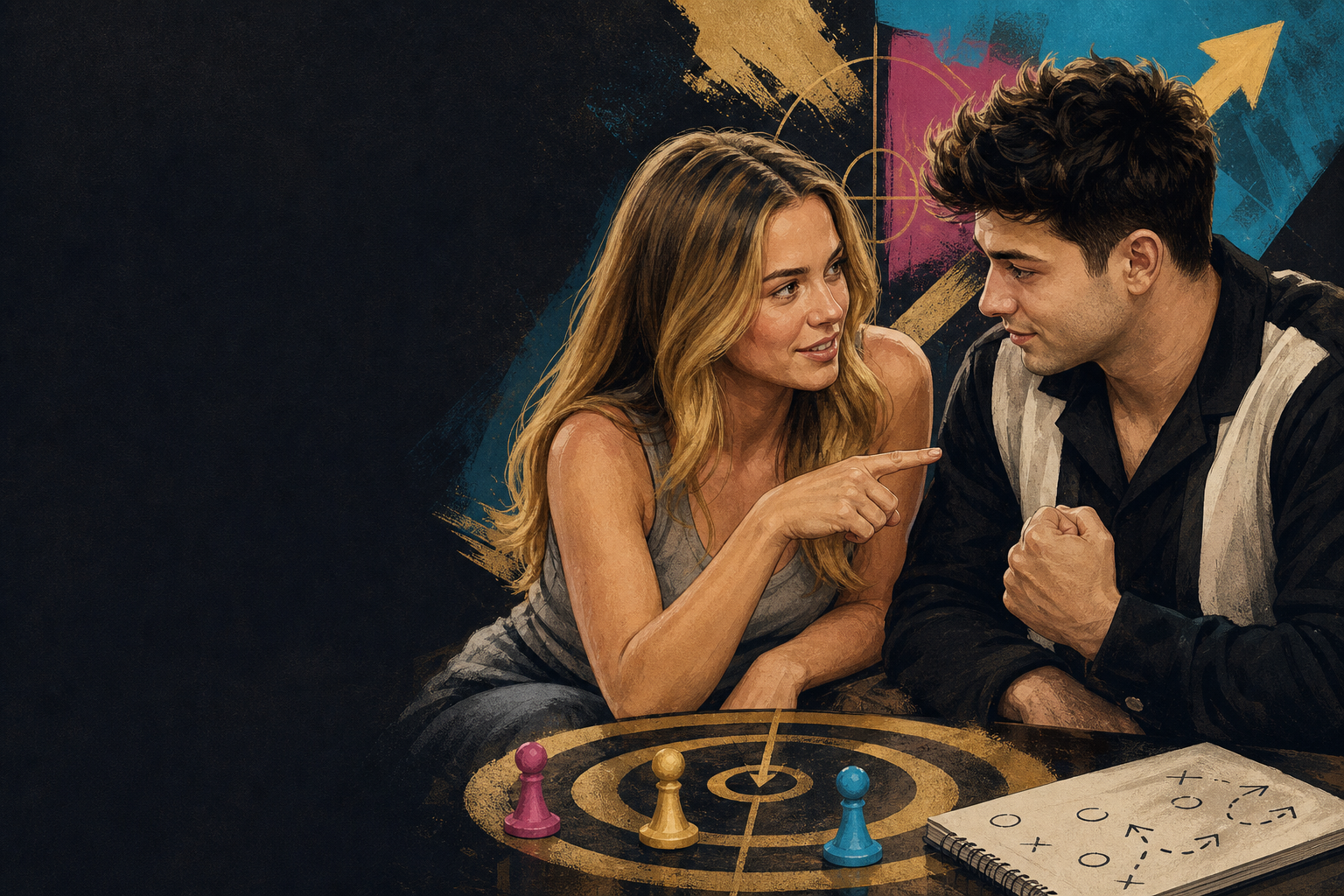Editorial illustration for Dee and Drew refocus their endgame: “the next HOH has to be you or me,” with Melody potent.