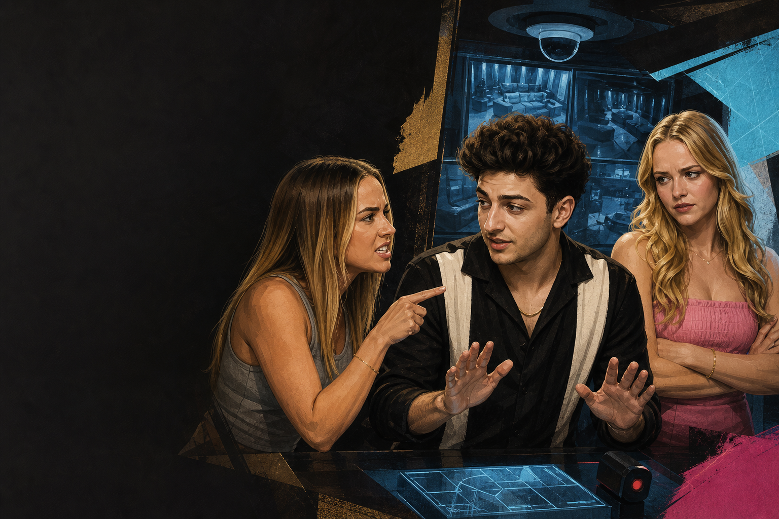 Editorial illustration for Drew and Dee argue over how to handle Melody as they line up the veto/renom plan.