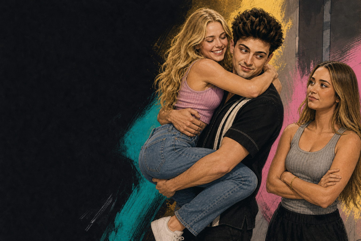 Editorial illustration for Melody jumps into Drew’s arms and the group turns it into a teasing moment.