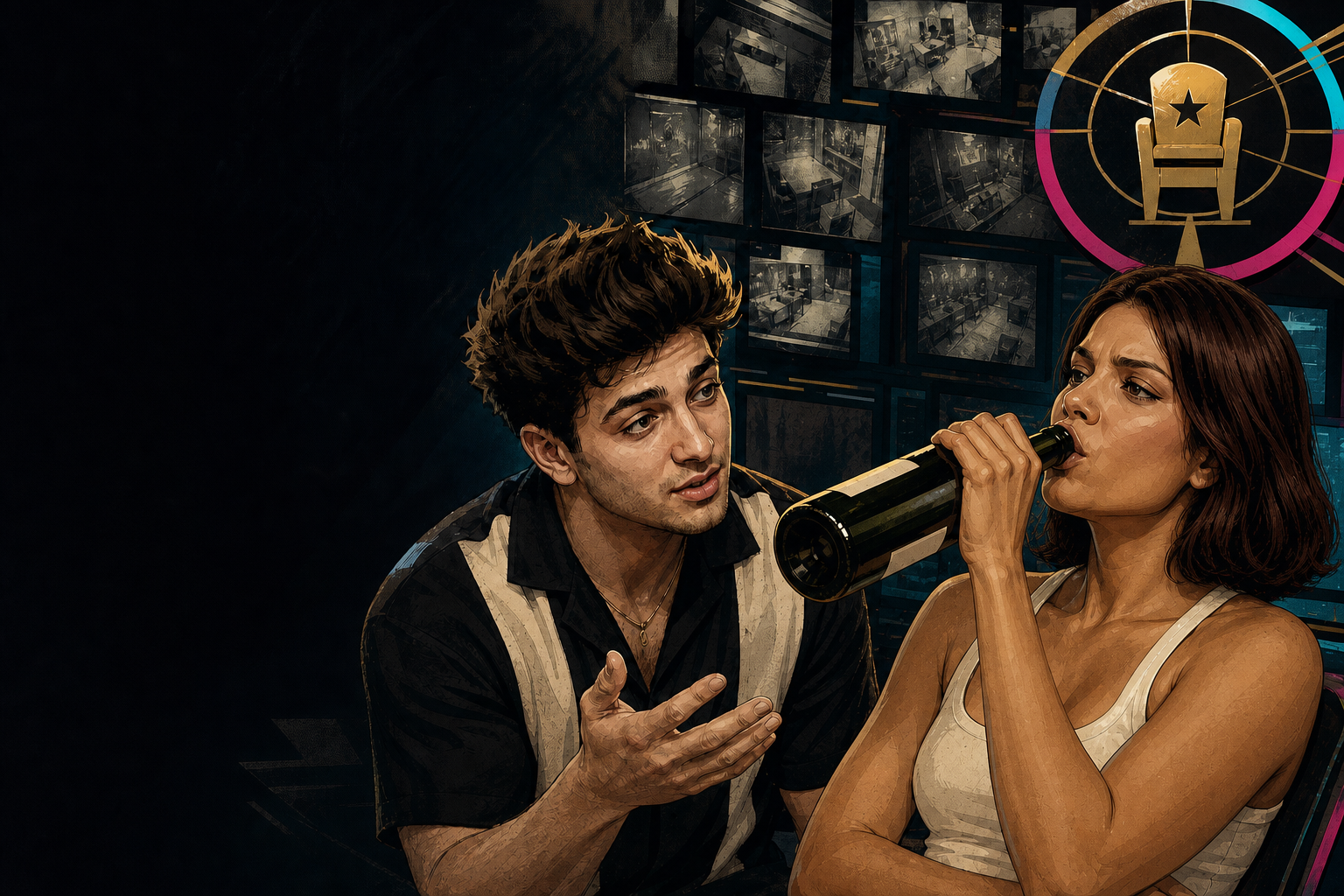 Editorial illustration for Drew and Haley plot the next move while Haley worries Taylor is coming for her.