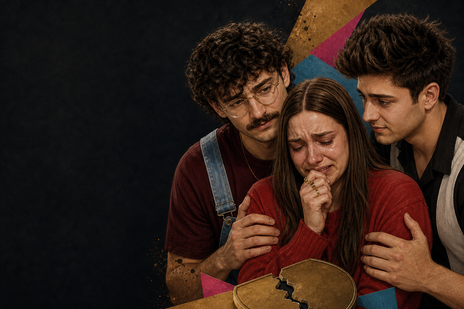 Editorial illustration for Barrett and Melody reassure a crying Mallory she won’t go home next to Drew.