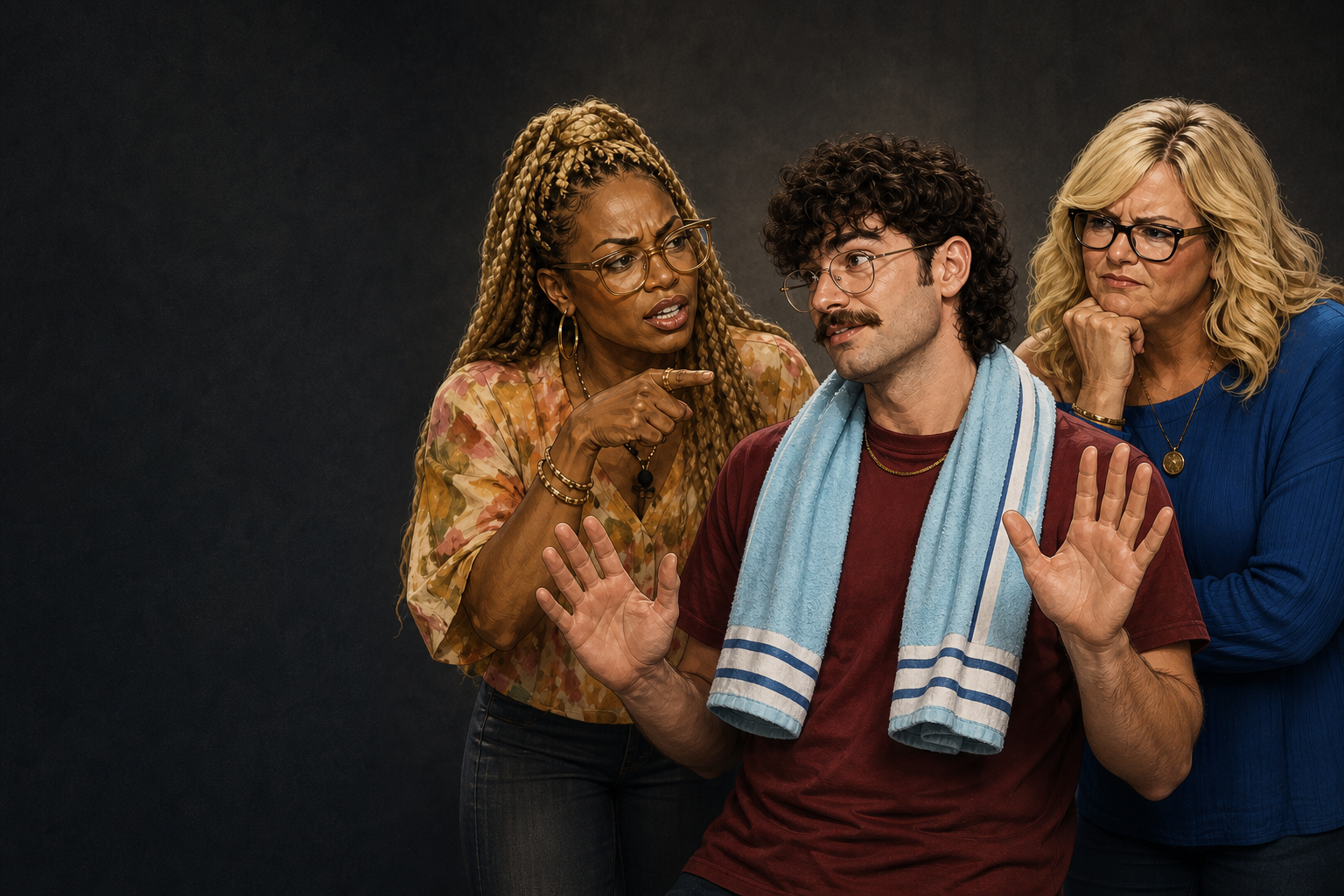 Editorial illustration for LaTrice grills Barrett’s towel alibi while Angela’s bathroom story adds fuel.