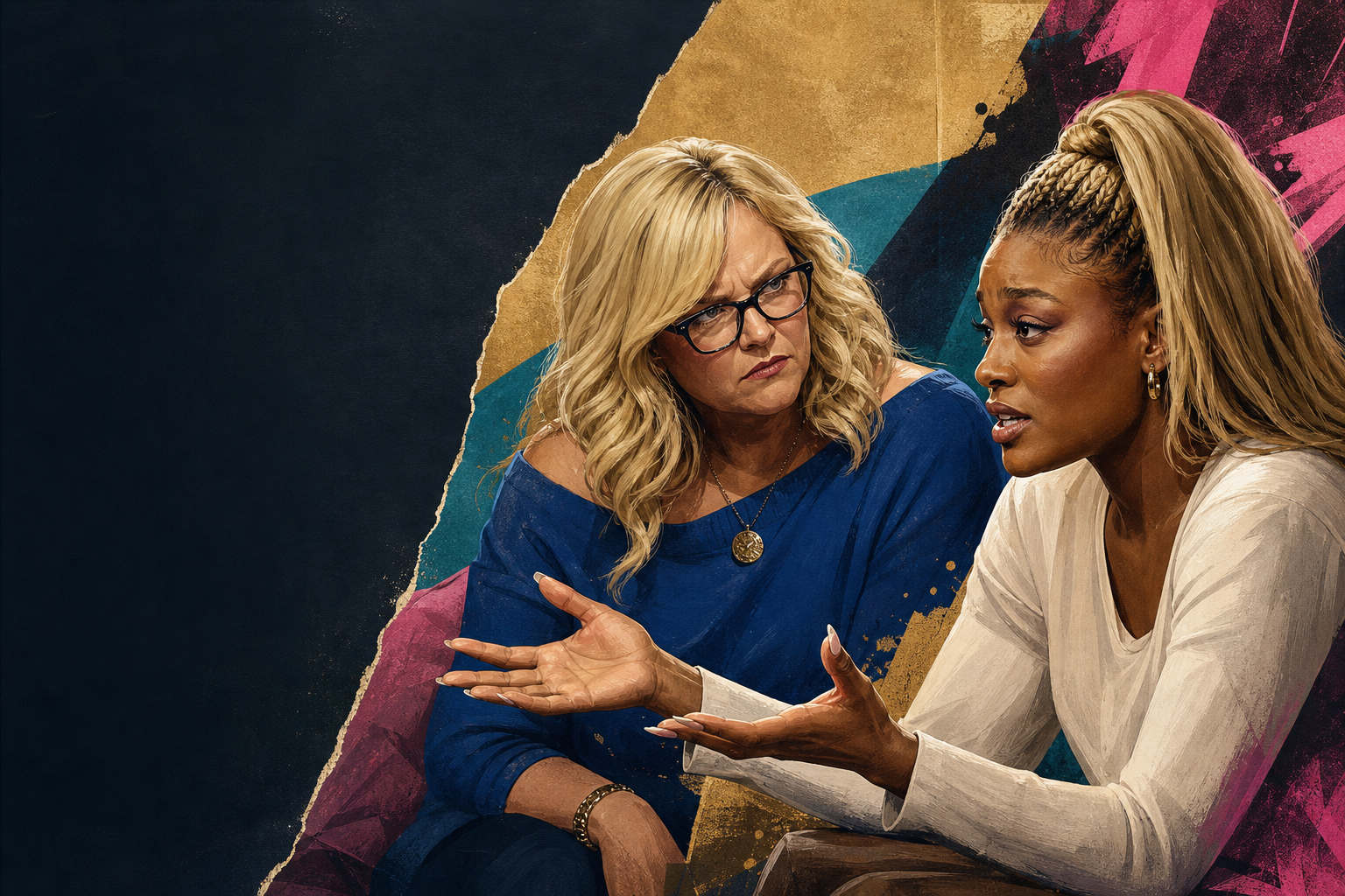 Editorial illustration for Angela challenges Taylor over Kamu’s plan and the evict-vote story.