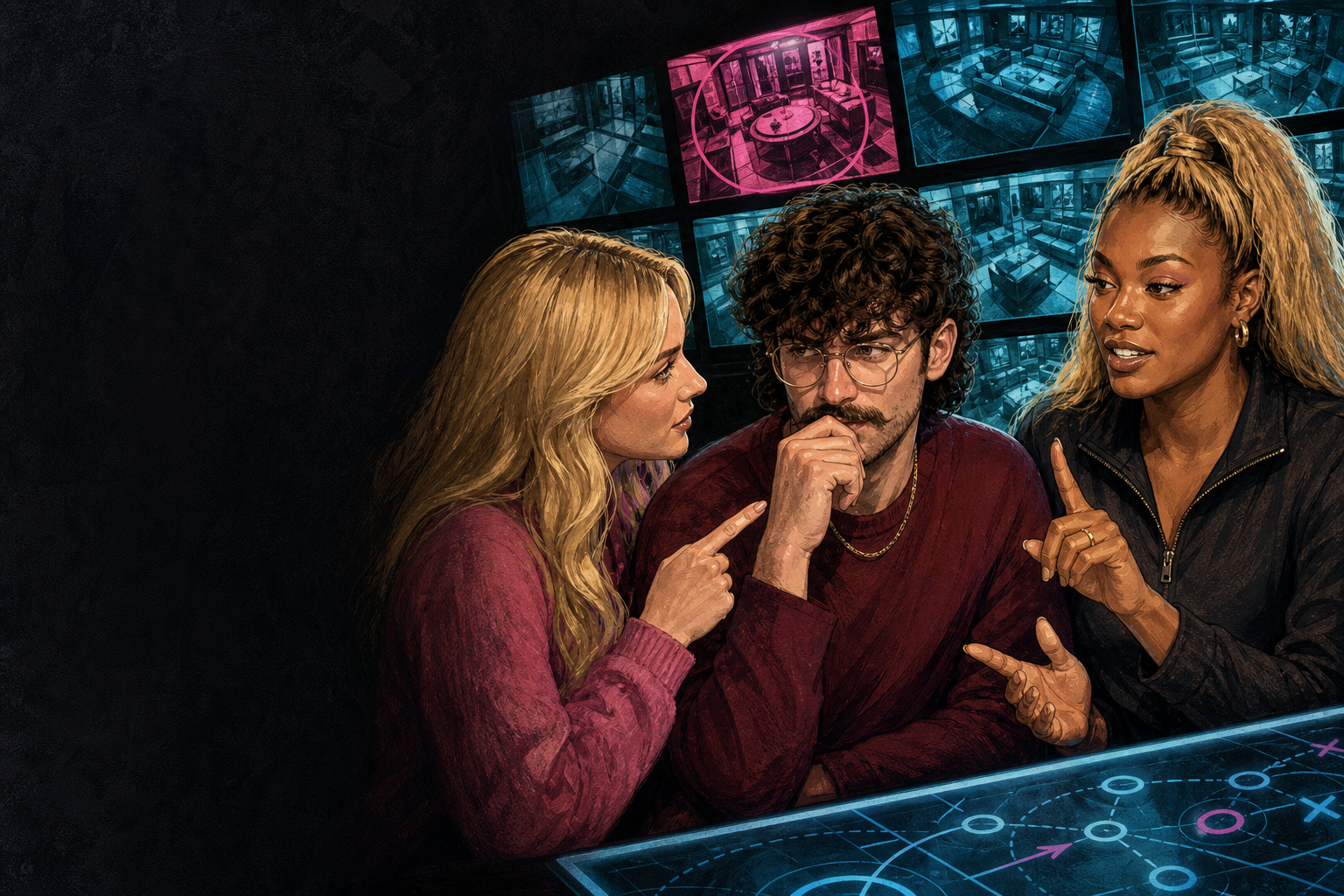 Editorial illustration for Melody and Taylor urge Barrett to campaign—turning the vote into a friendship pitch.