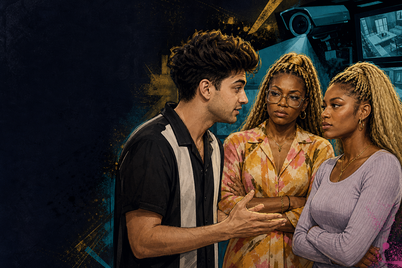 Editorial illustration for Drew tells LaTrice and Taylor he’ll campaign to stay after the final noms are set.