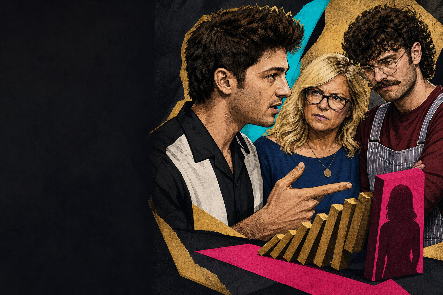Editorial illustration for Drew brings the eviction sequence to Angela and Barrett, with Angela ending up in the cros.