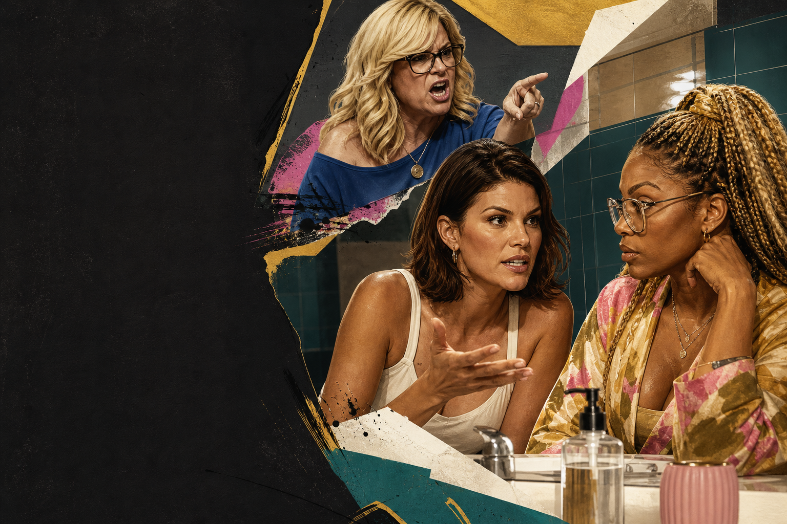 Editorial illustration for Haley and Taylor compare notes after a loud Angela blow-up—and talk the LaTrice target shift.