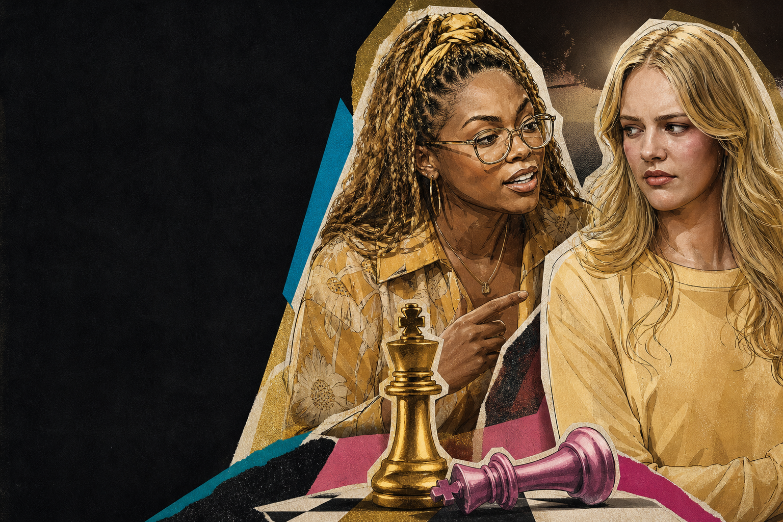 Editorial illustration for LaTrice tells Melody they can get her on their side of the vote after “bible study” talk.