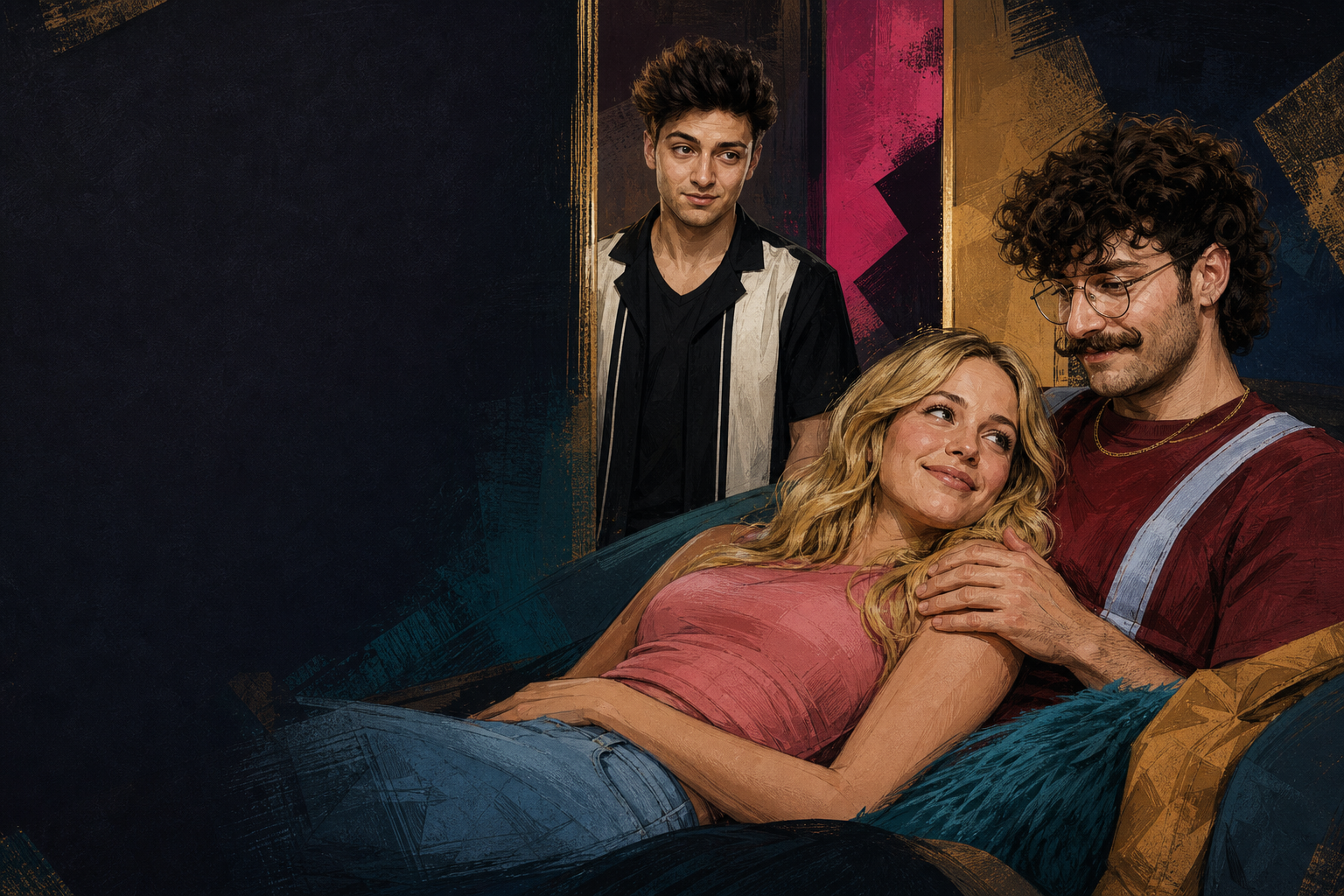 Editorial illustration for Drew walks in on Melody and Barrett’s cozy HOH comfort moment.