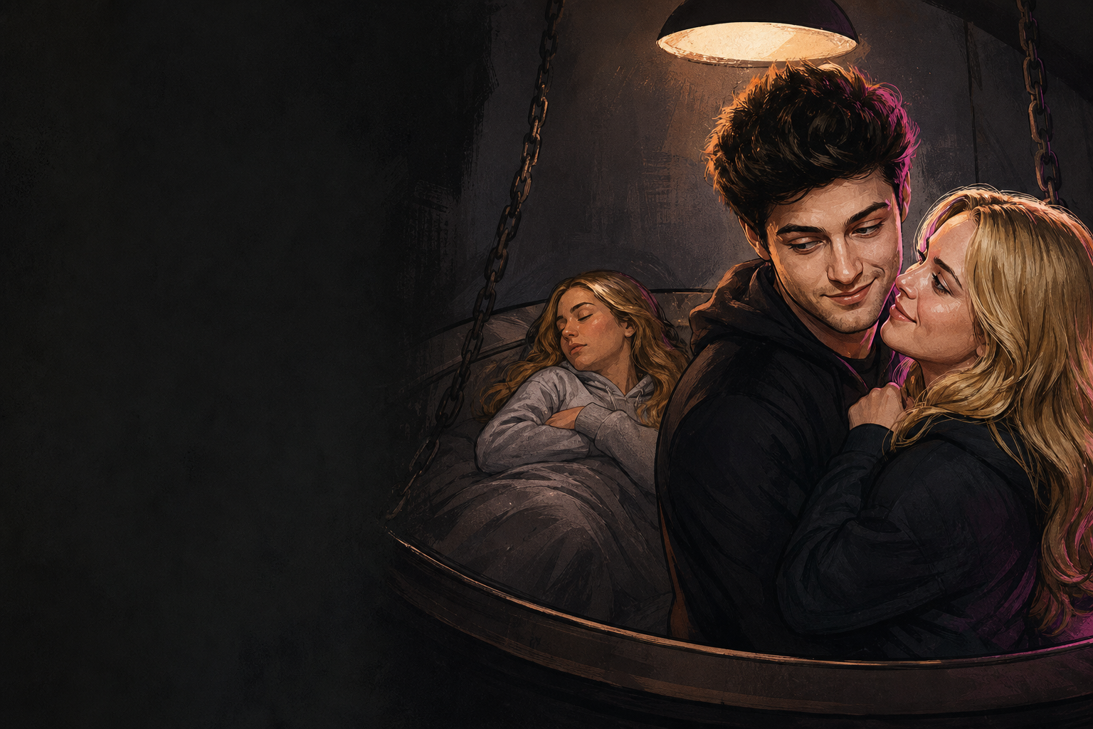 Editorial illustration for Drew and Melody’s close goodnight with Dee sleeping nearby turns the have-not bed chaos in.