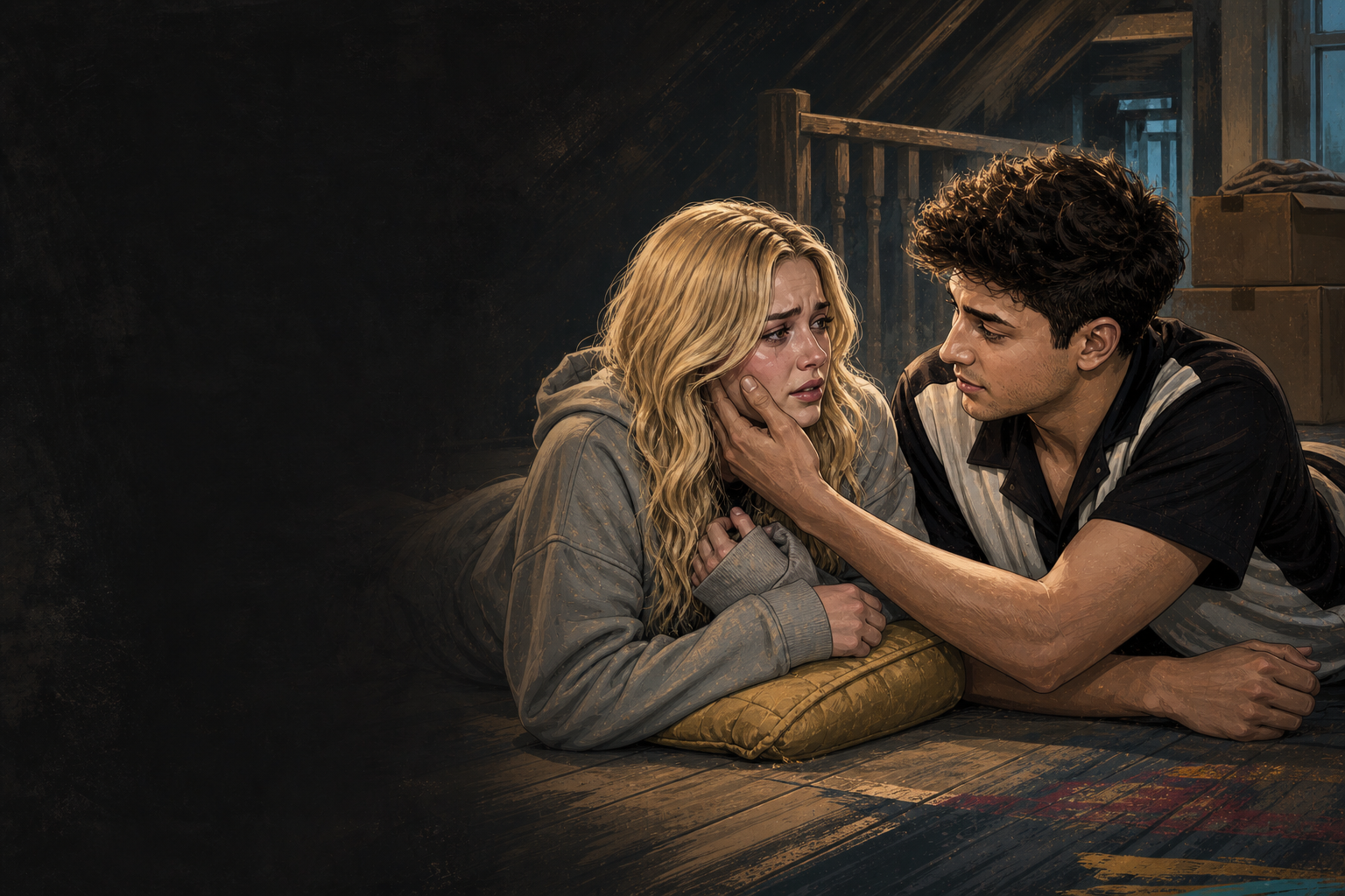 Editorial illustration for Drew and Melody have a vulnerable moment upstairs as Melody fears leaving.