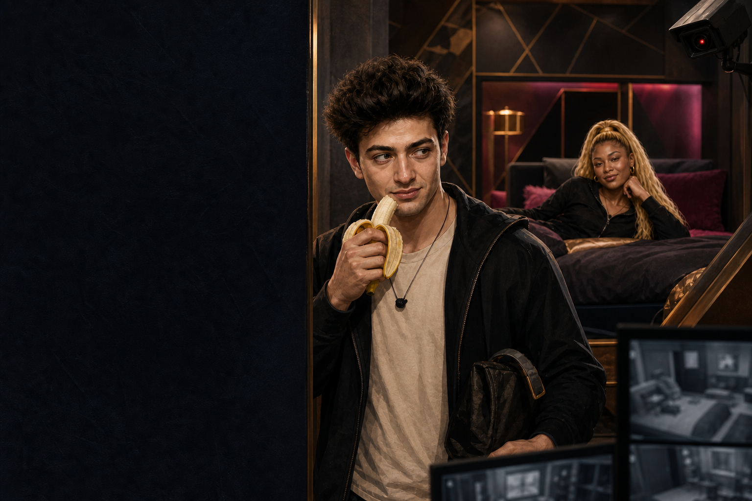 Editorial illustration for Taylor holds court in HOH as Drew returns and keeps things nonchalant with a banana.