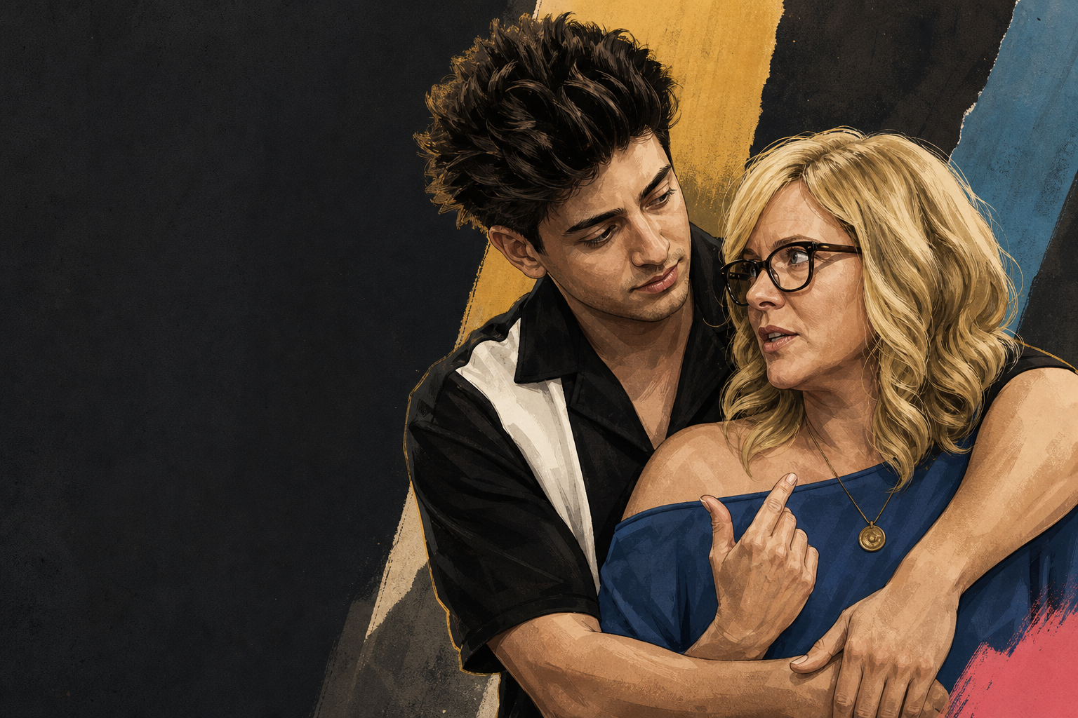 Editorial illustration for Drew comforts Angela, and Angela offers her game to keep Dee off the block.