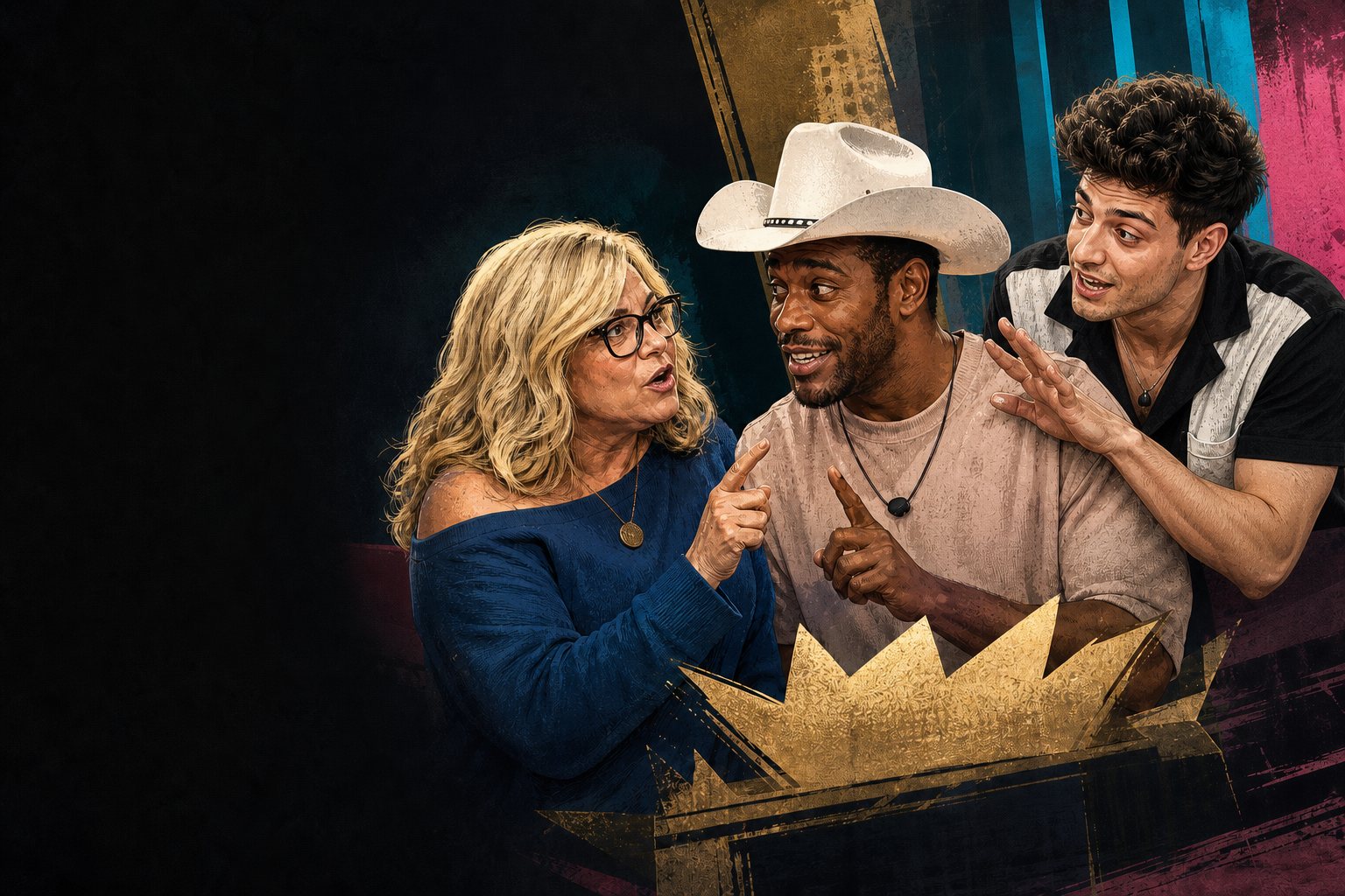 Editorial illustration for Angela and Chuk roast Drew for wanting to be in every conversation.