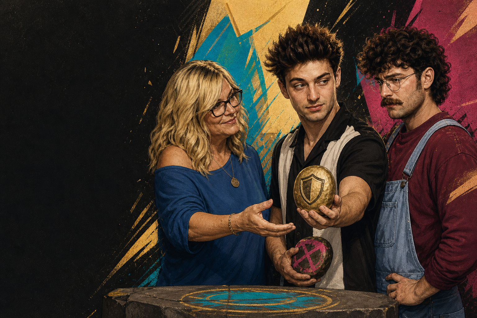 Editorial illustration for Drew hands the Stone of Safety to Angela while Barrett is stuck with the Stone of Sacrific.