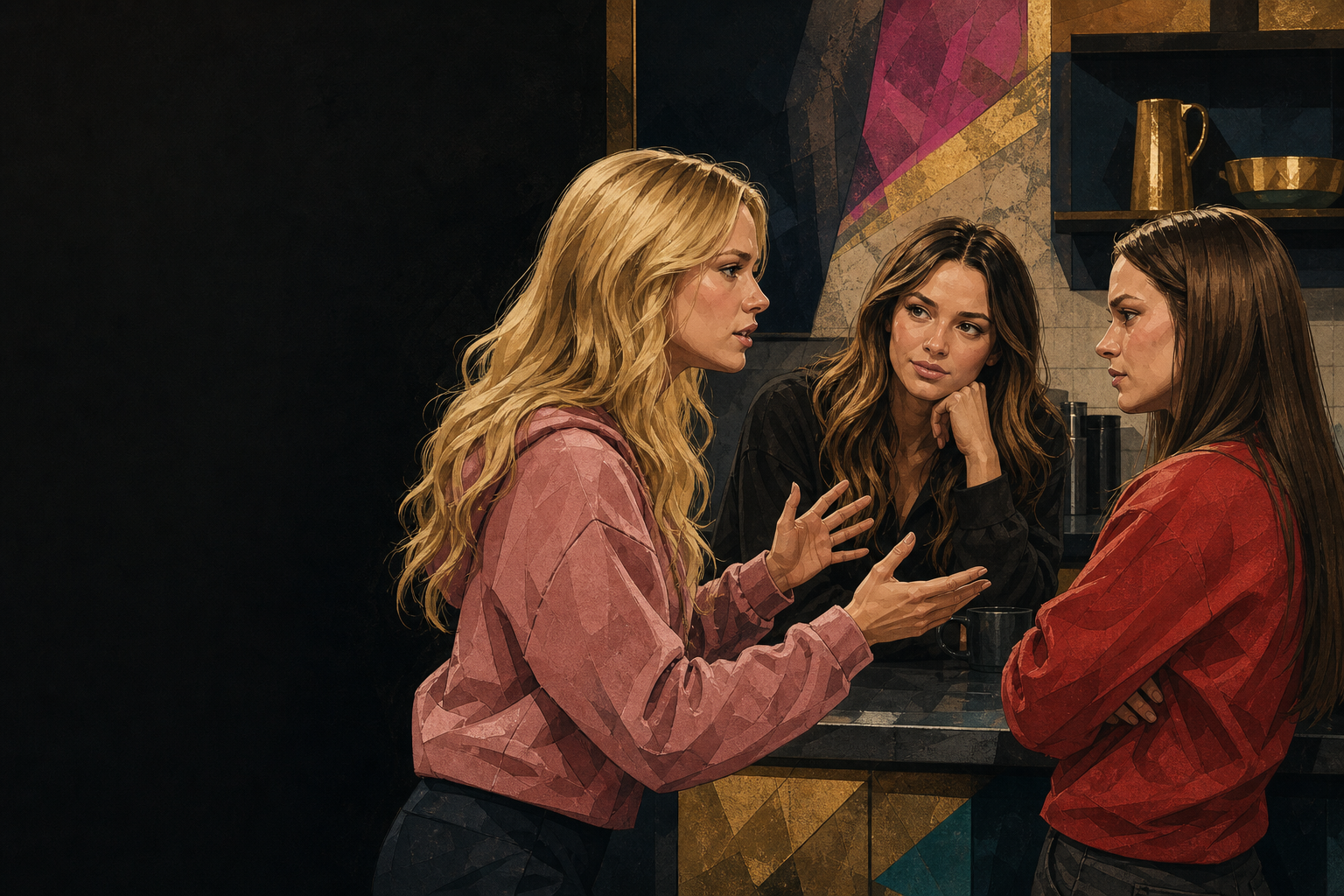 Editorial illustration for Melody tells Lyric and Mallory they can’t be swayed and that she doesn’t feel safe.