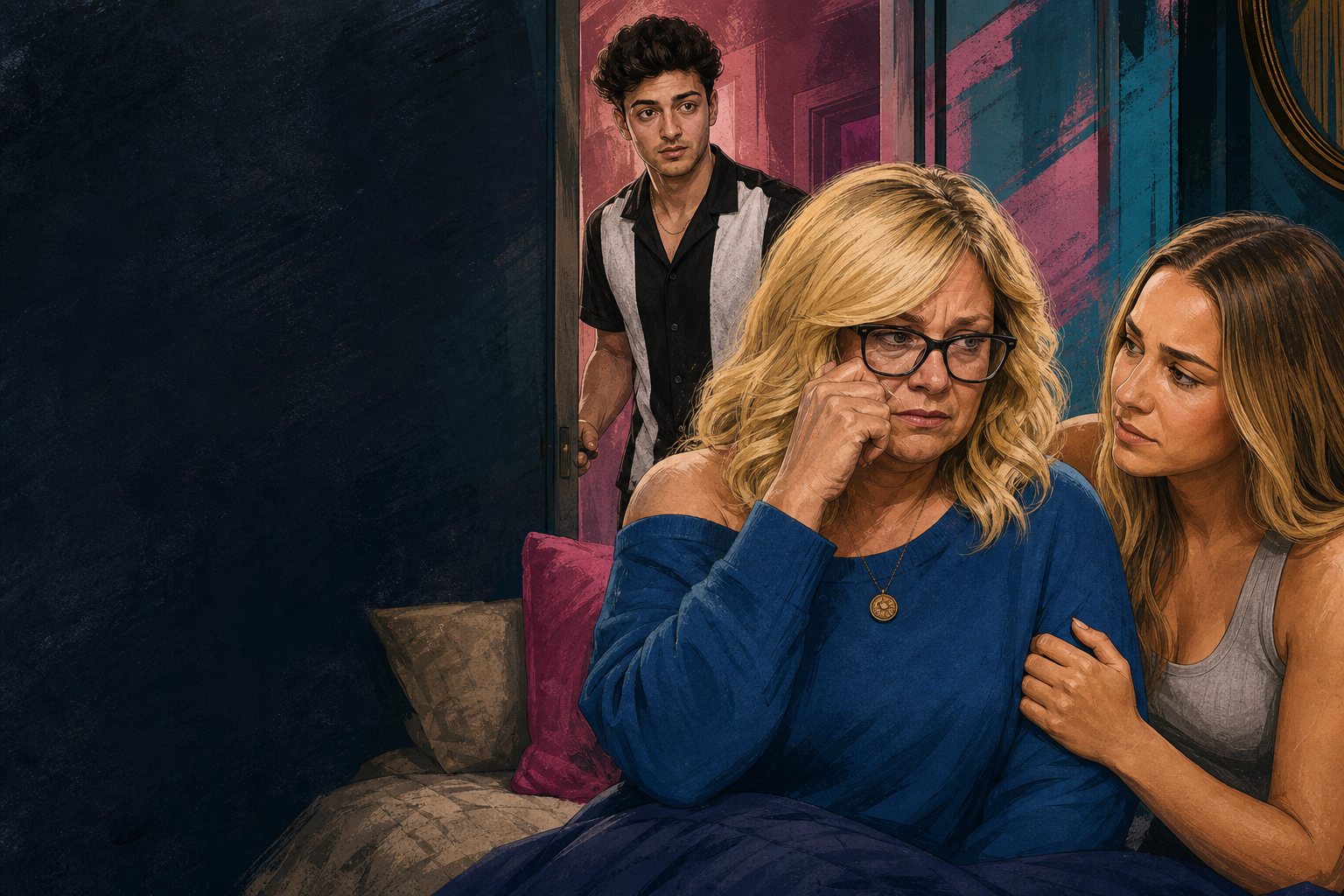 Editorial illustration for Angela tells Dee she’s always had someone to use veto on her—then admits she’s crying.