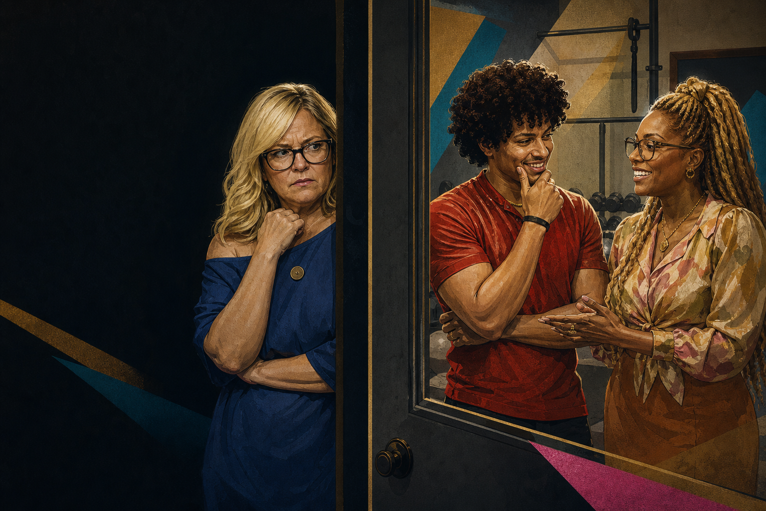 Editorial illustration for Angela spirals after realizing Jason and LaTrice are forming a “Mama’s Angels” voting trio.