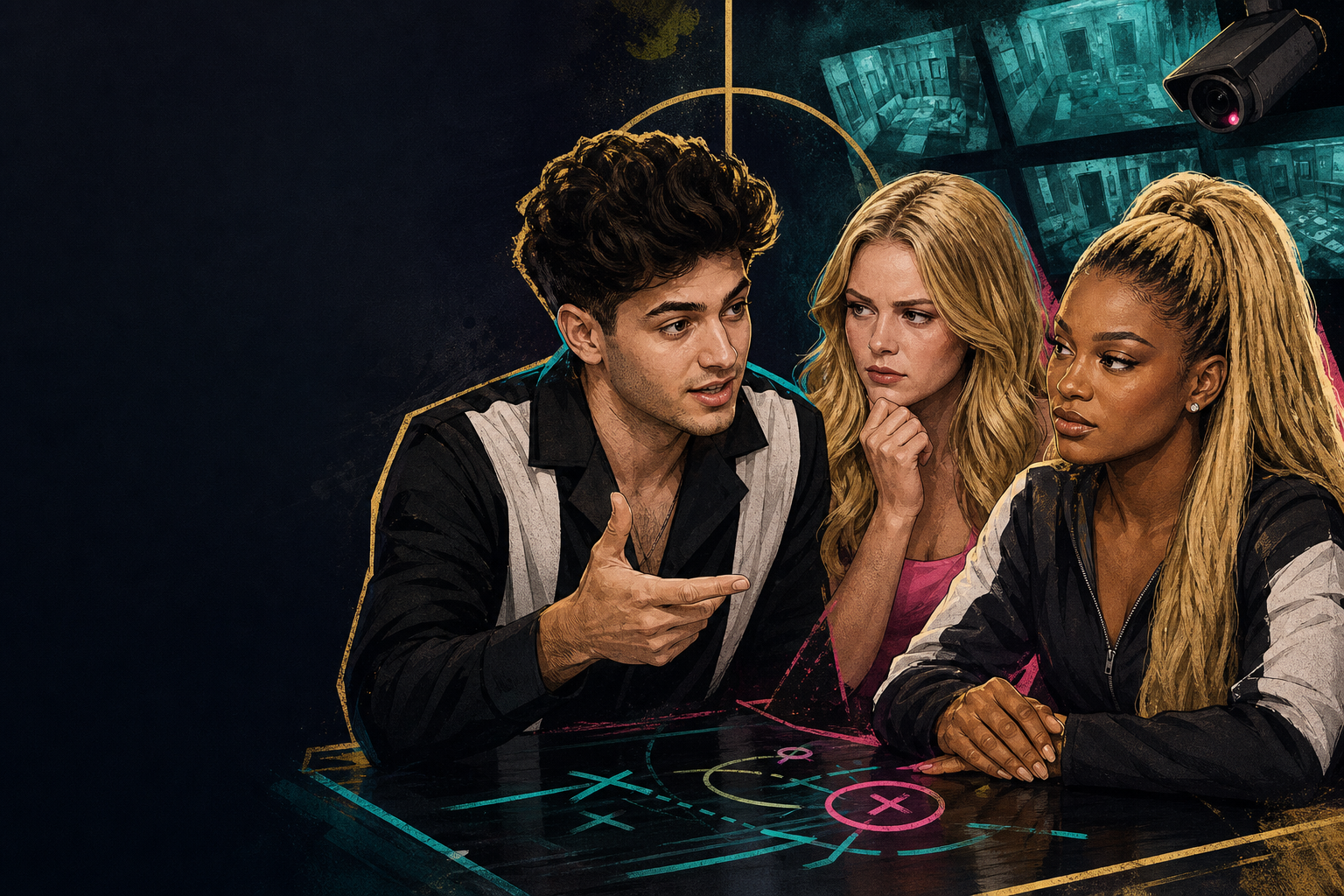Editorial illustration for Drew Campbell works through an endgame strategy with Melody Morris while weighing Taylor B.