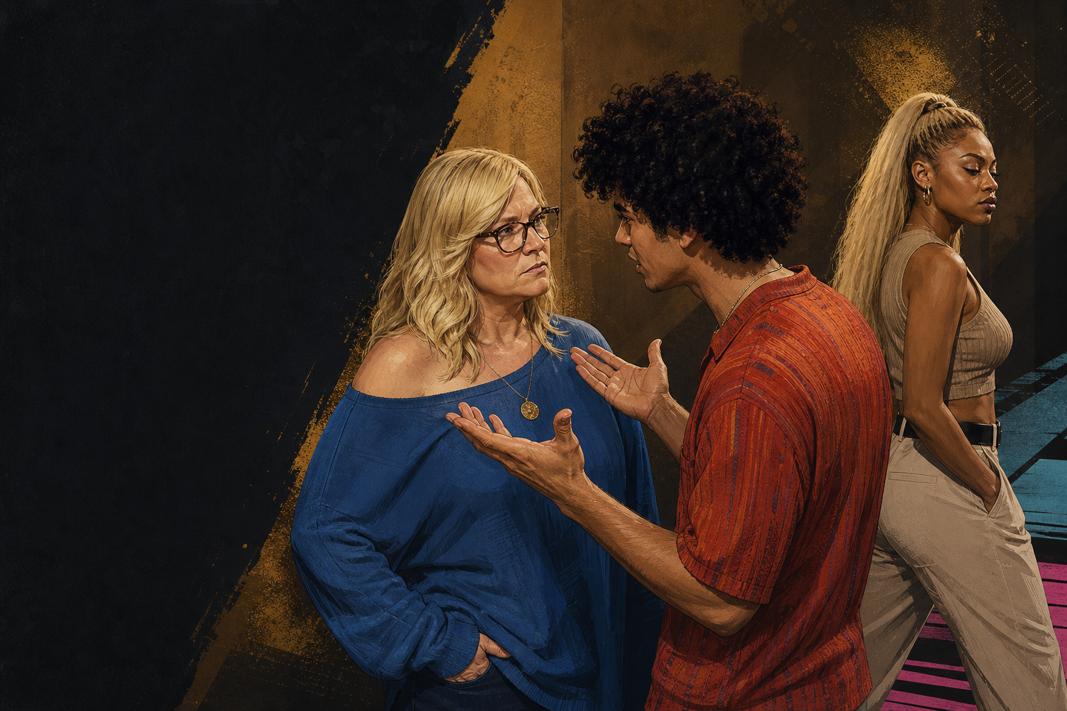 Editorial illustration for Jason challenges the story—insisting he only told Angela last night, as Taylor fumes and l.