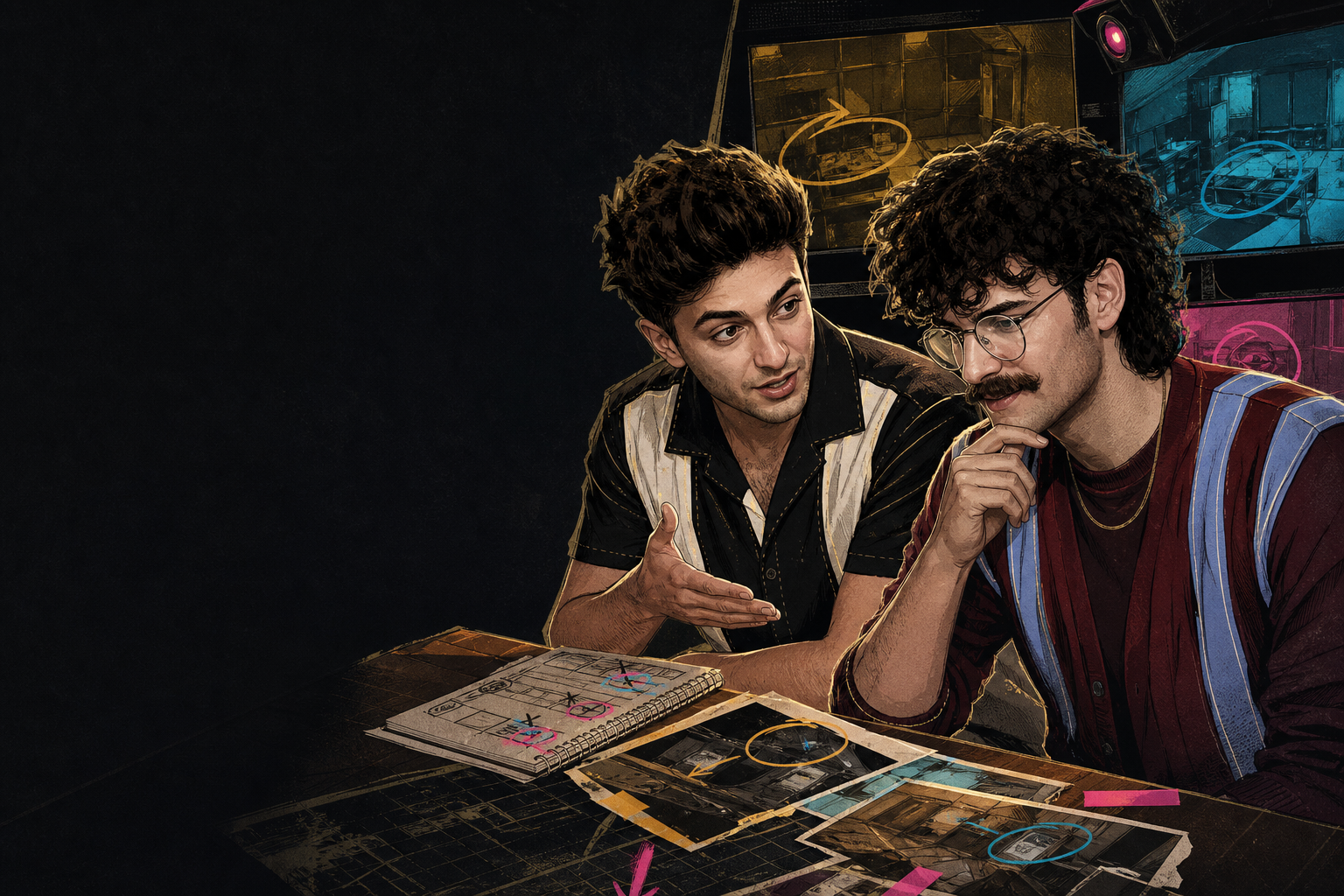 Editorial illustration for Drew tells Barrett the blockbuster screen clues and locks in the answer.