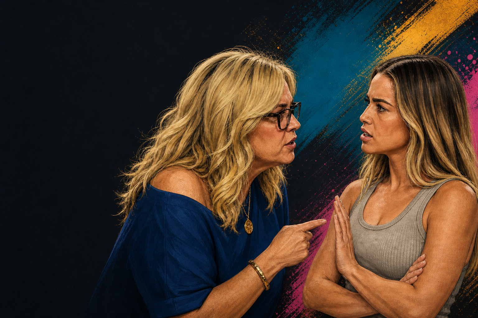 Editorial illustration for Angela calls out Yash’s story after Dee disputes what Yash said.