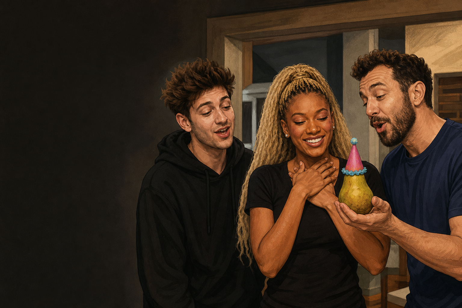 Editorial illustration for Drew and Rick Sing Taylor a Birthday Song—and Bring a Hatted Pear.
