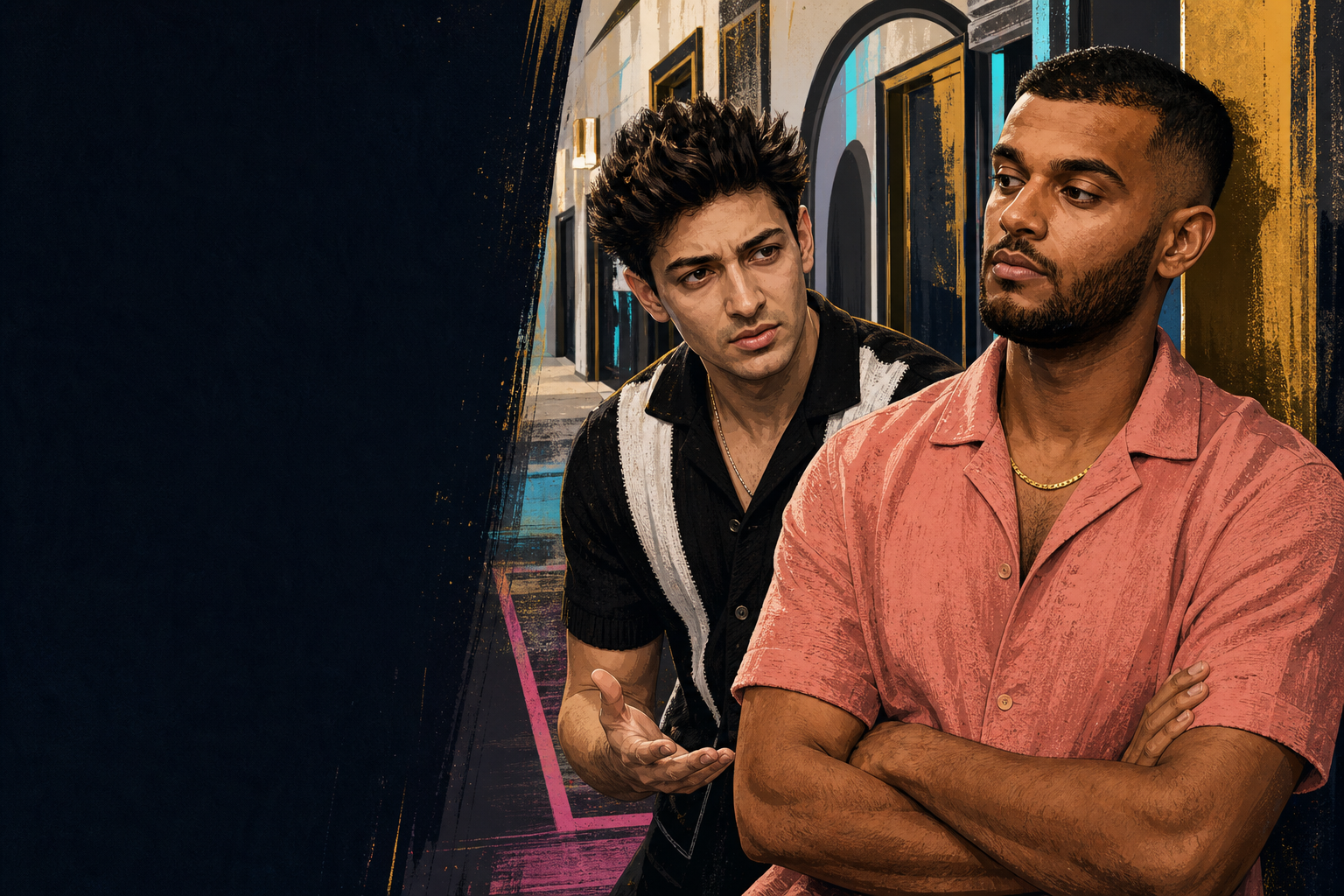 Editorial illustration for Drew confronts Yash after catching him whispering in HN.