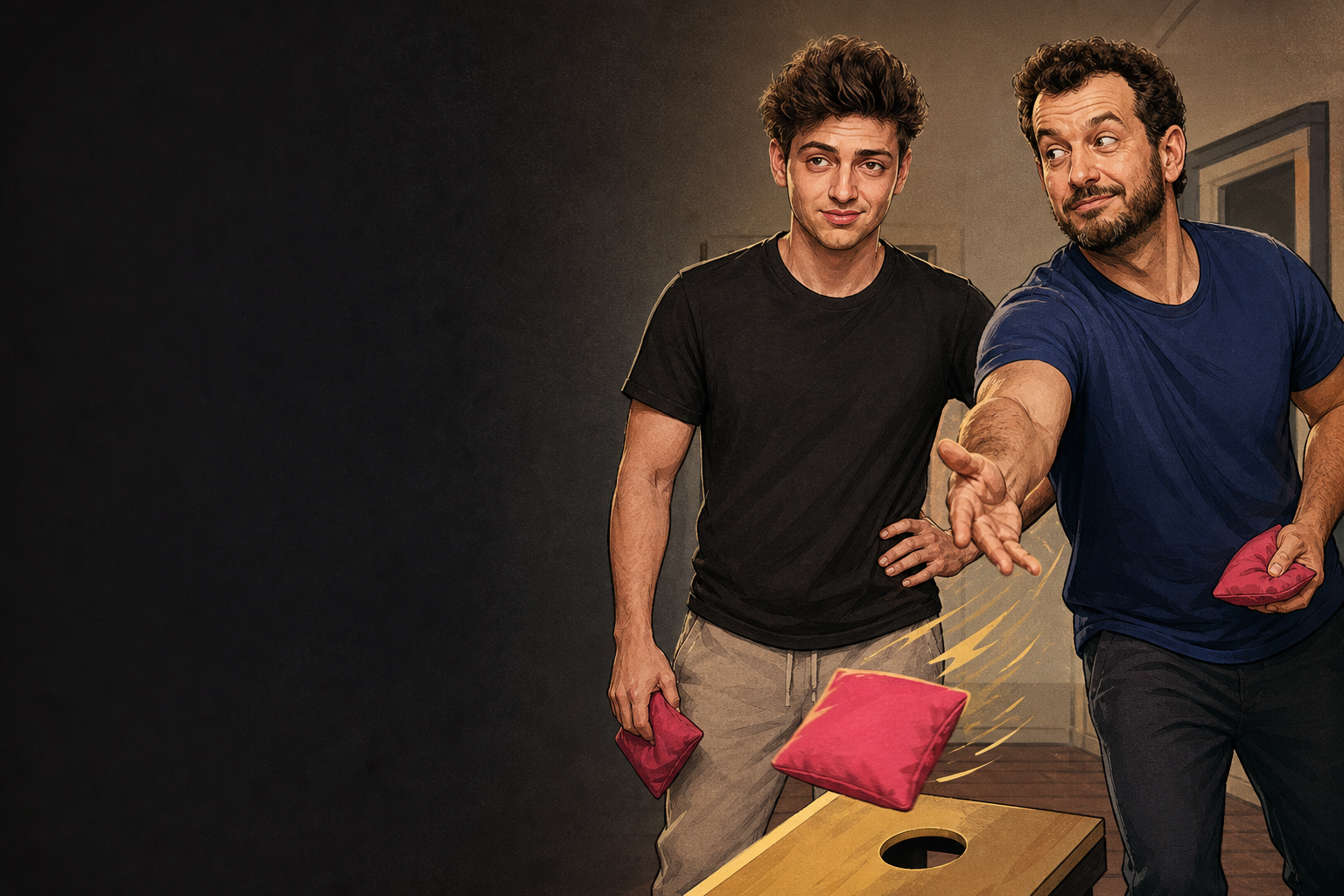 Editorial illustration for Drew Says He’s Getting His “*ss Whooped” at Cornhole.
