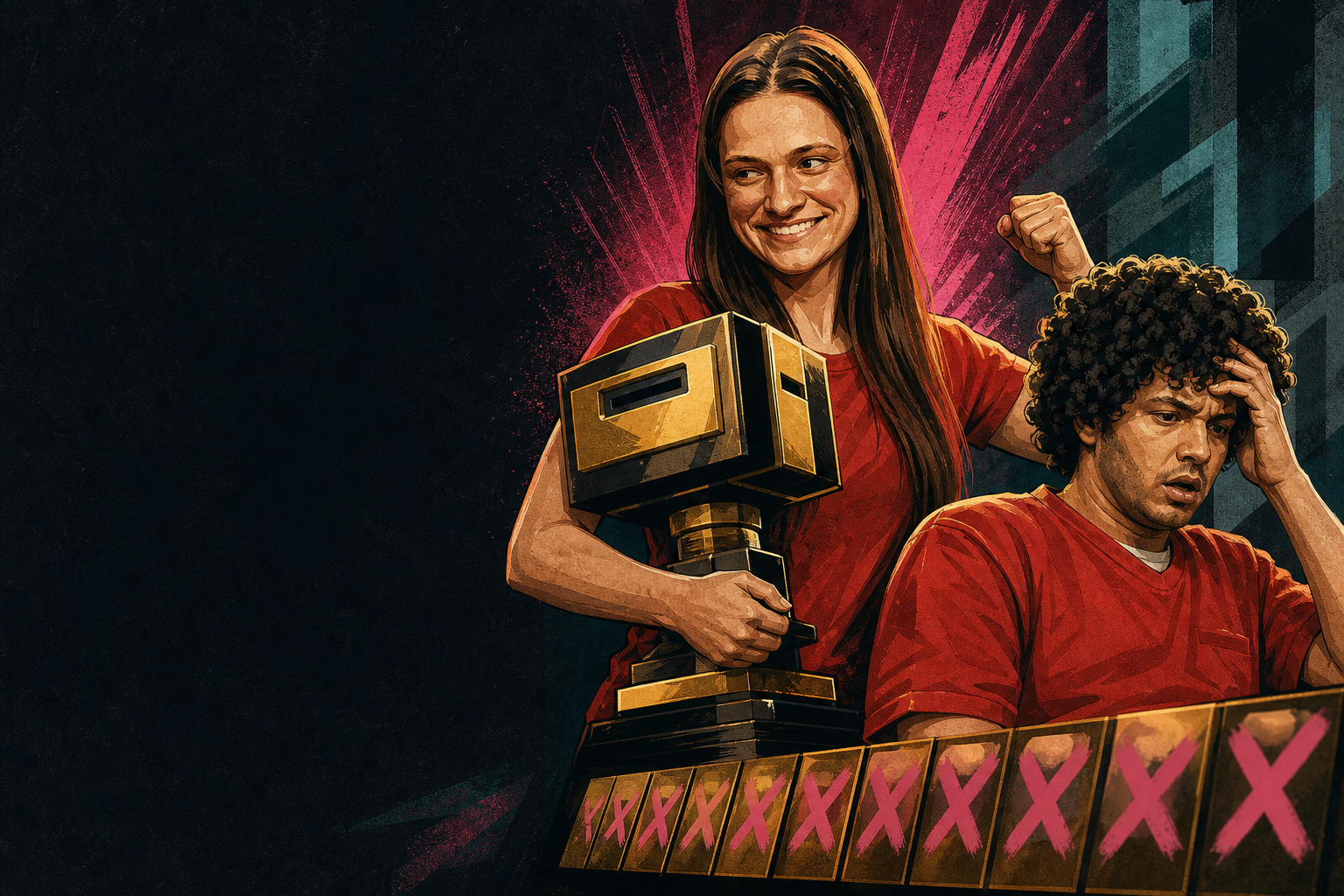 Editorial illustration for Mallory Aurichio wins the Blockbuster as Jason De Puy is evicted 12–0.