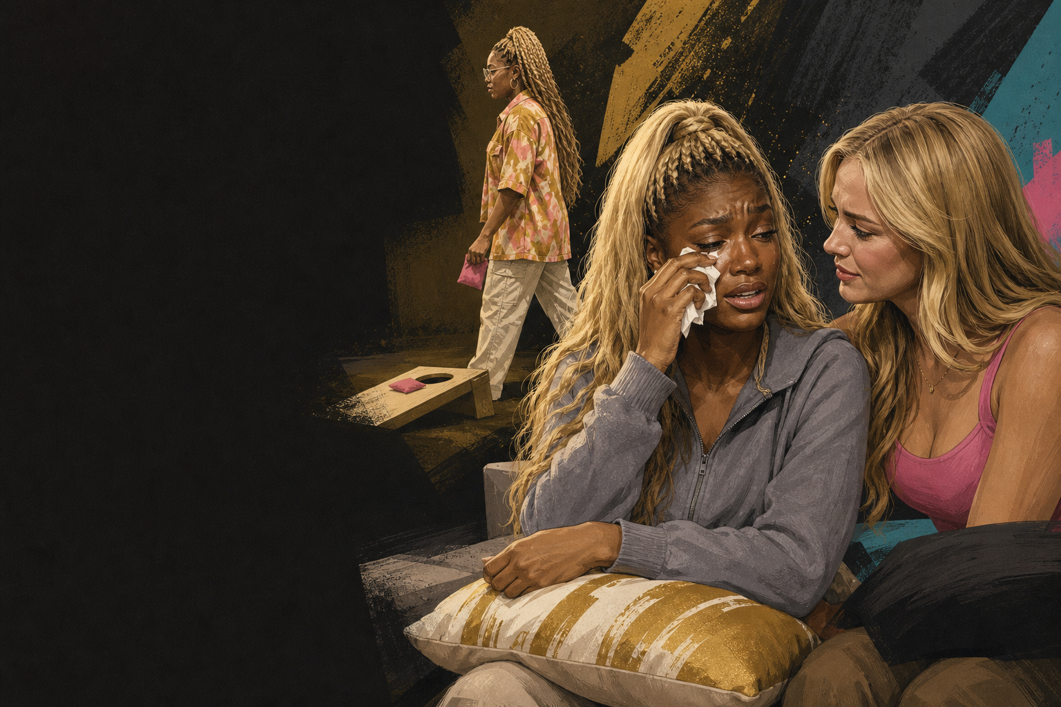 Editorial illustration for Taylor cries as Melody comforts her about the LaTrice vote dynamic.