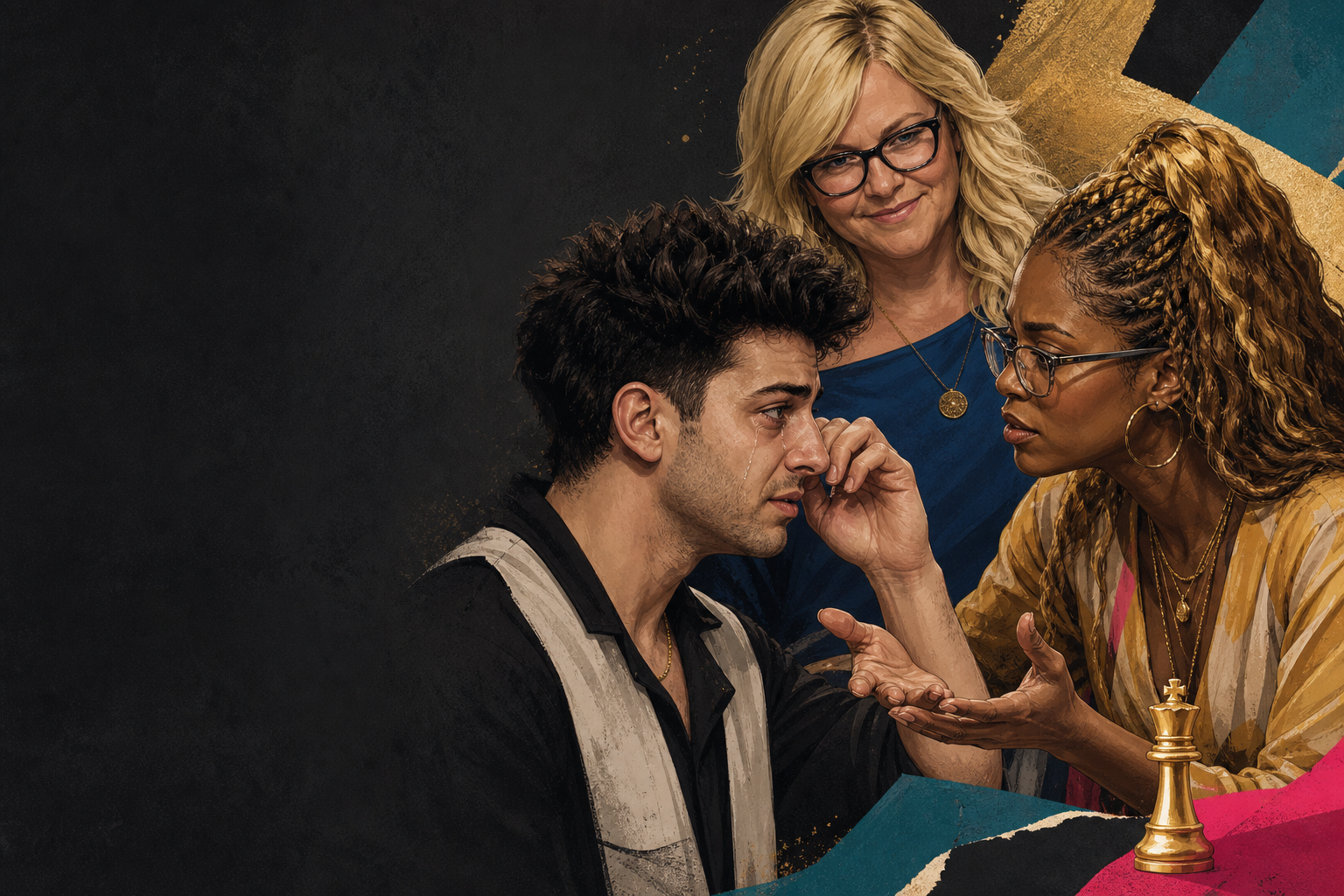 Editorial illustration for Drew breaks down with LaTrice, linking her and Angela’s hugs to his mom—and asks her not t.