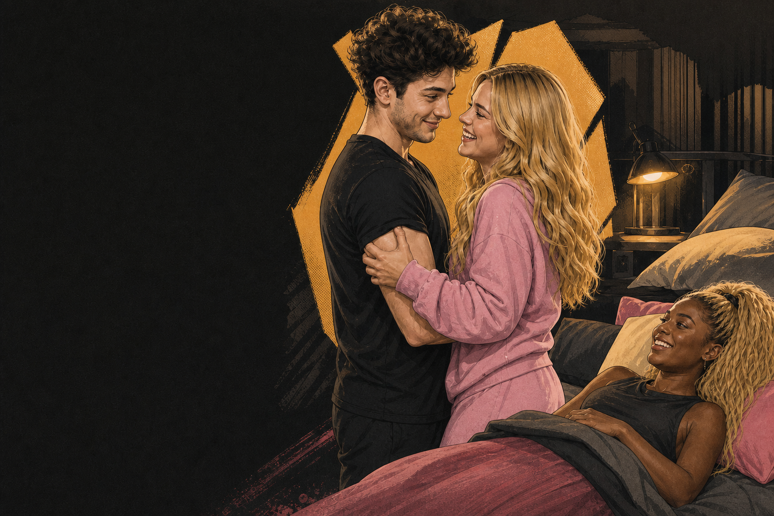 Editorial illustration for Melody and Drew end the night in a hug after vote-worry conversation.