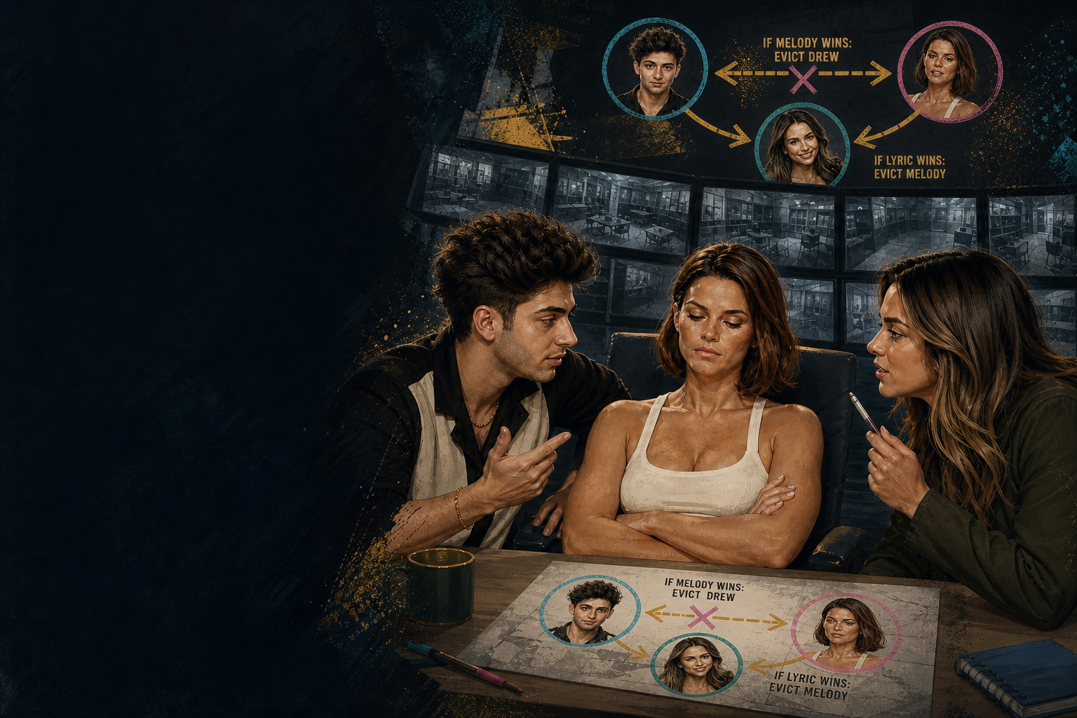 Editorial illustration for Kamu, Haley, and Dee map out a split-target plan for Drew vs. Melody based on who wins BBB.