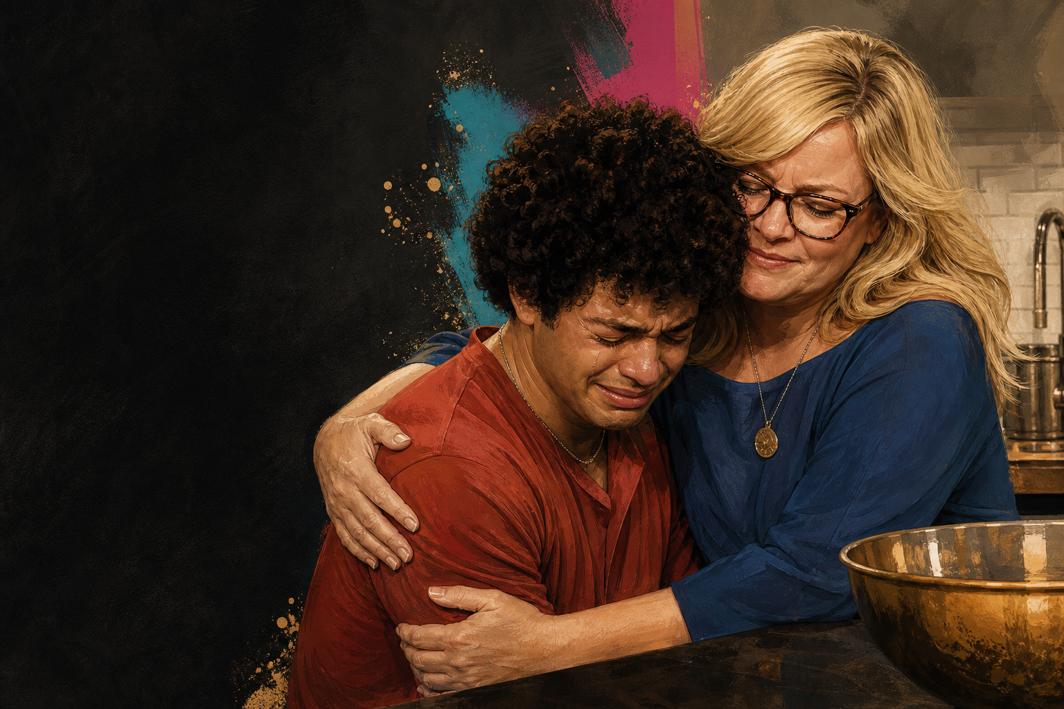 Editorial illustration for Angela hugs Jason as he cries in the kitchen.