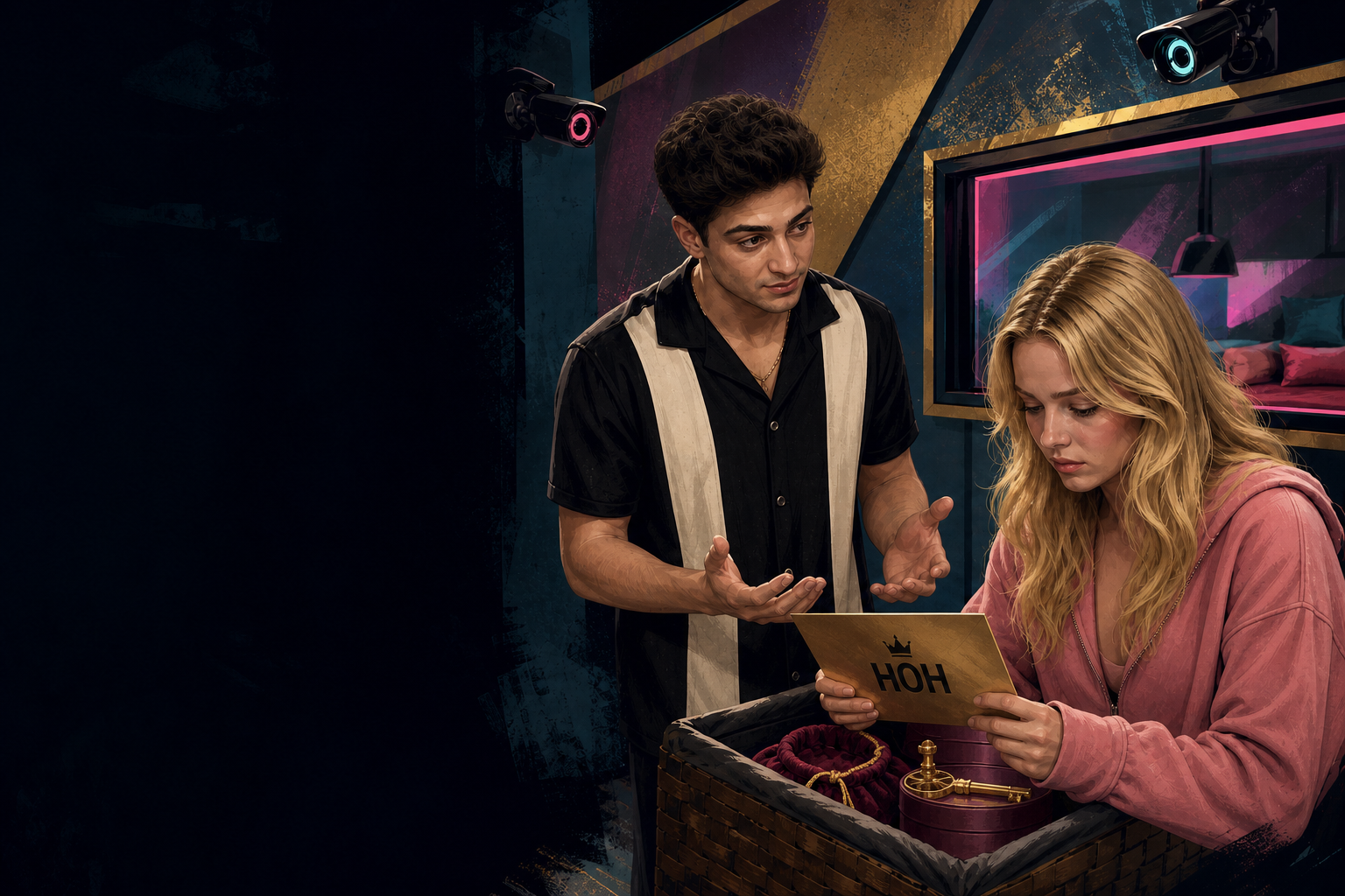 Editorial illustration for Tiny HOH results: Drew Campbell and Melody Morris are nominated together.