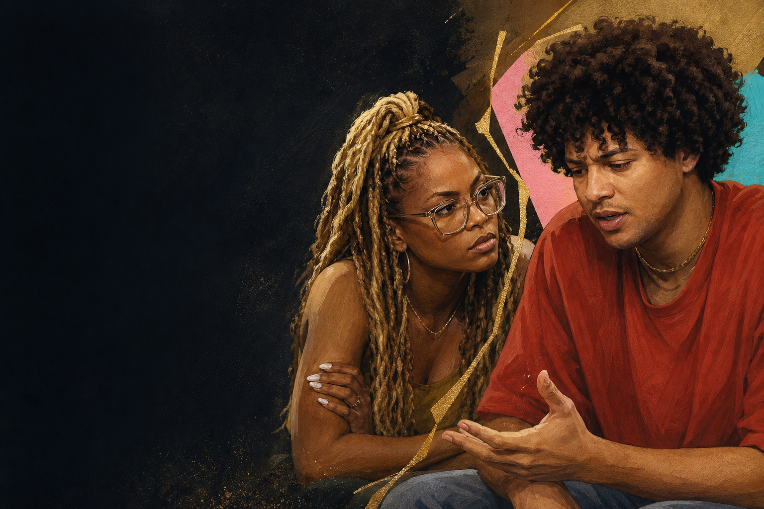 Editorial illustration for LaTrice challenges Jason, and Jason admits he has trouble speaking up for himself.