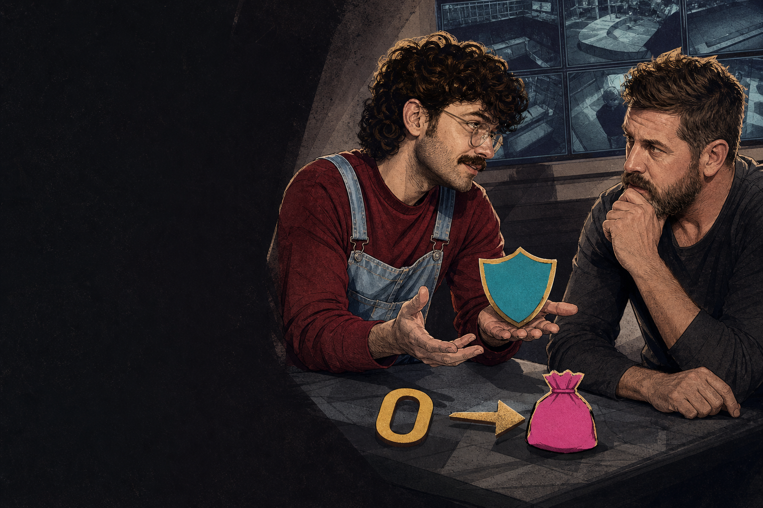 Editorial illustration for Barrett pitches Devens a zero-dollar bribe and a shield.